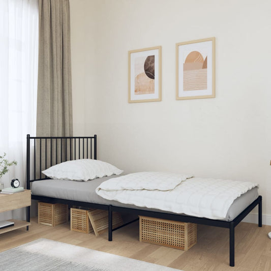 Black metal twin bed frame with vertical slat headboard and footboard