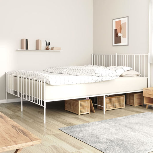 White metal slat bed frame with a modern minimalist design