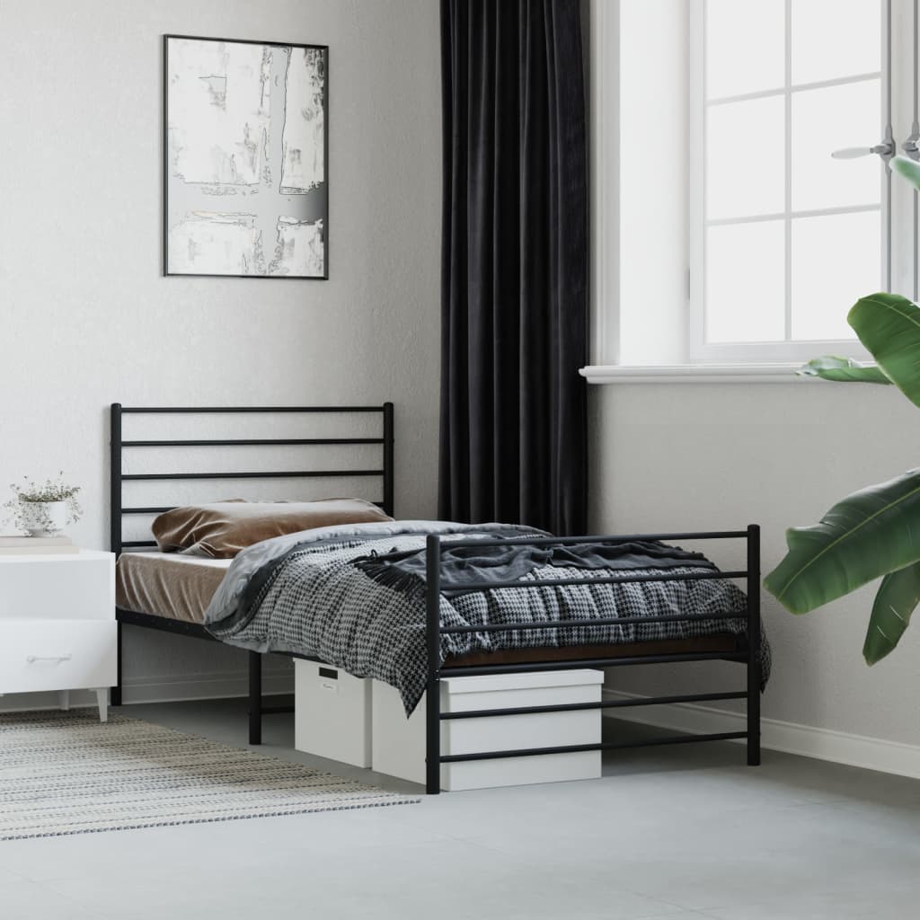 Black metal twin bed frame with horizontal slats and minimalist design