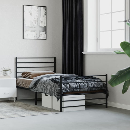 Black metal twin bed frame with horizontal slats and minimalist design