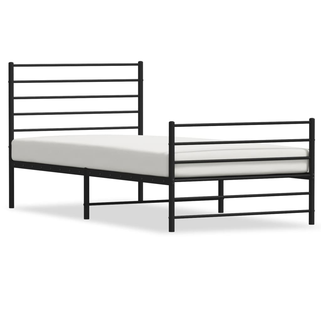 Metal bed frame with slatted headboard and footboard shown with dimensions