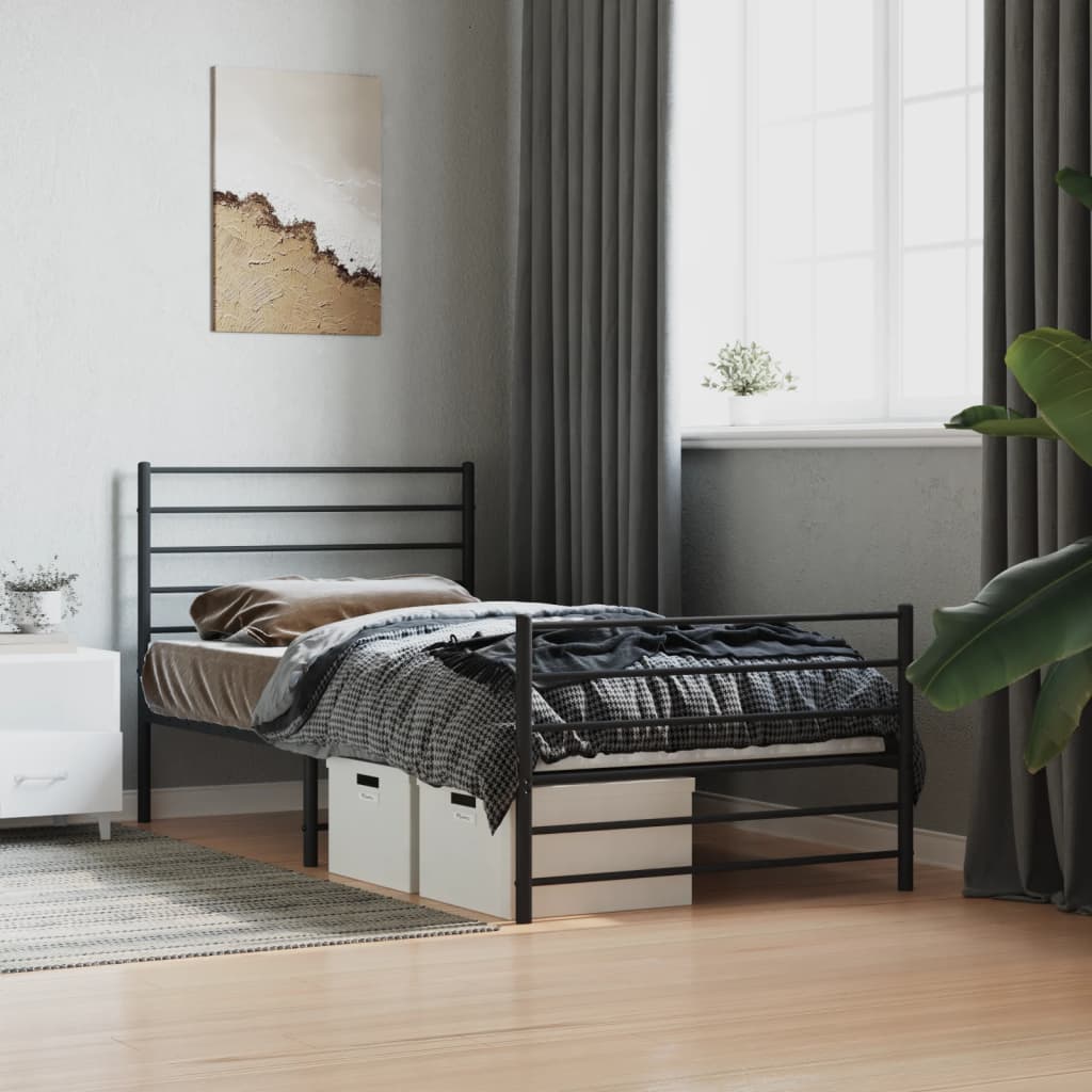 Black metal twin bed frame with modern horizontal headboard