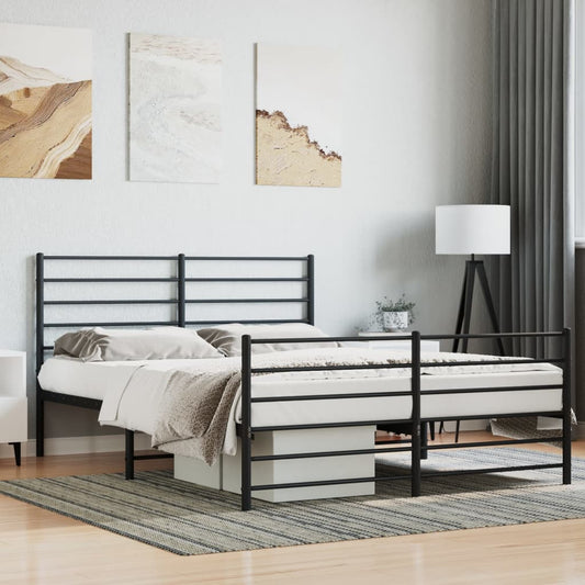 Modern dark gray metal bed frame with horizontal slats and a minimalist headboard