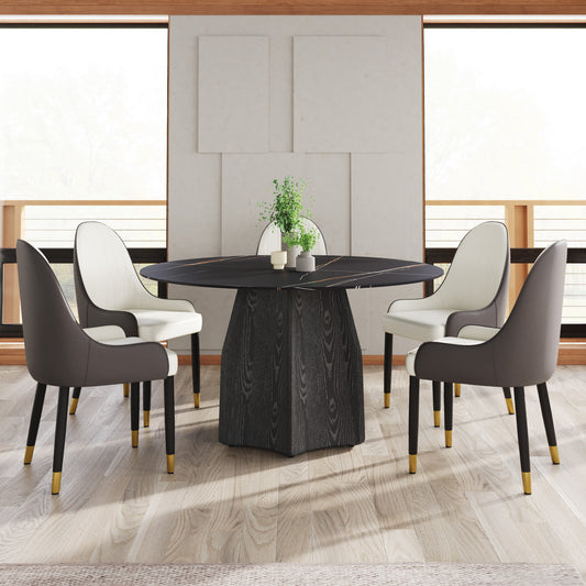 Modern round dining table with marble top and dark wood pedestal base
