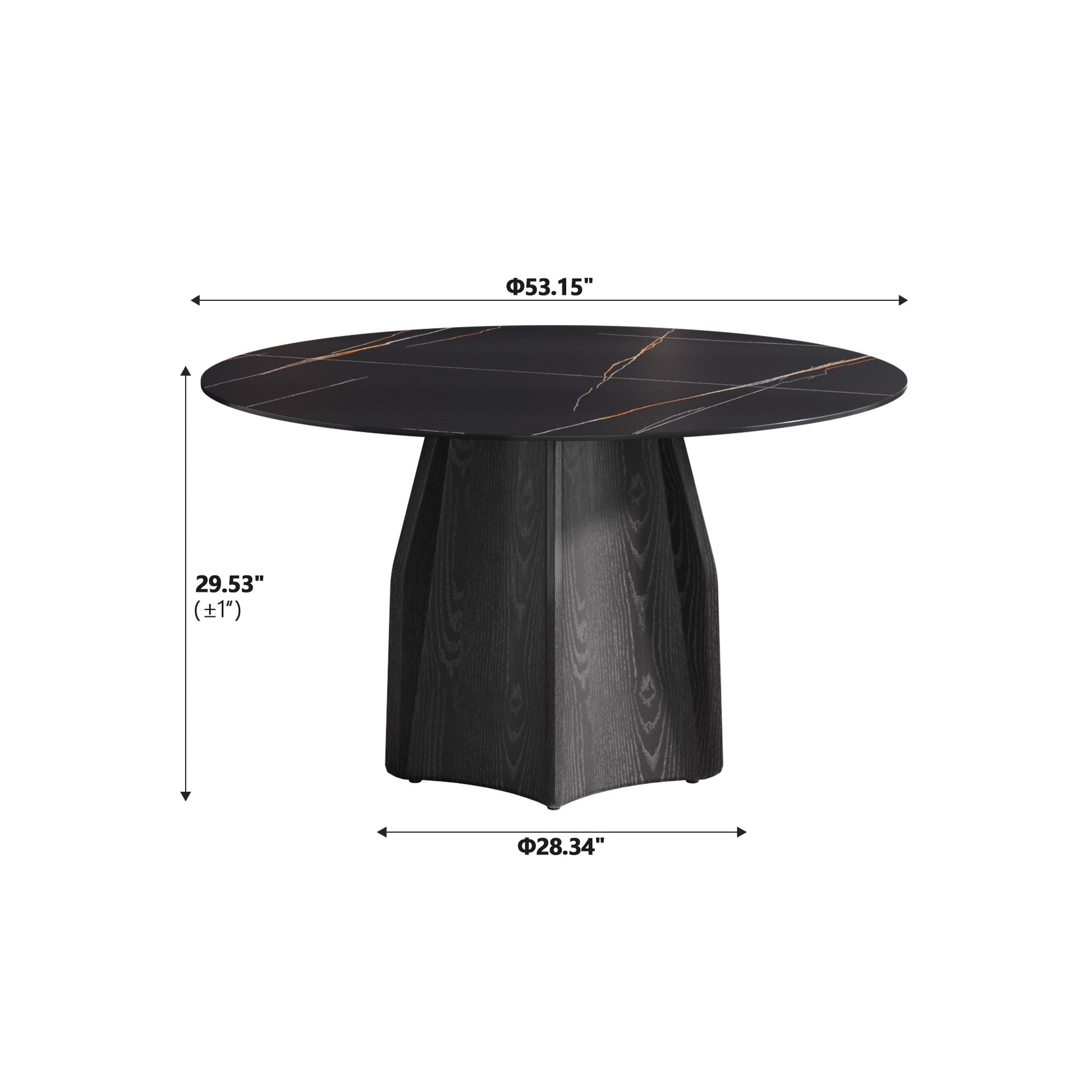Round black marble dining table with gold veining and sculpted wood base