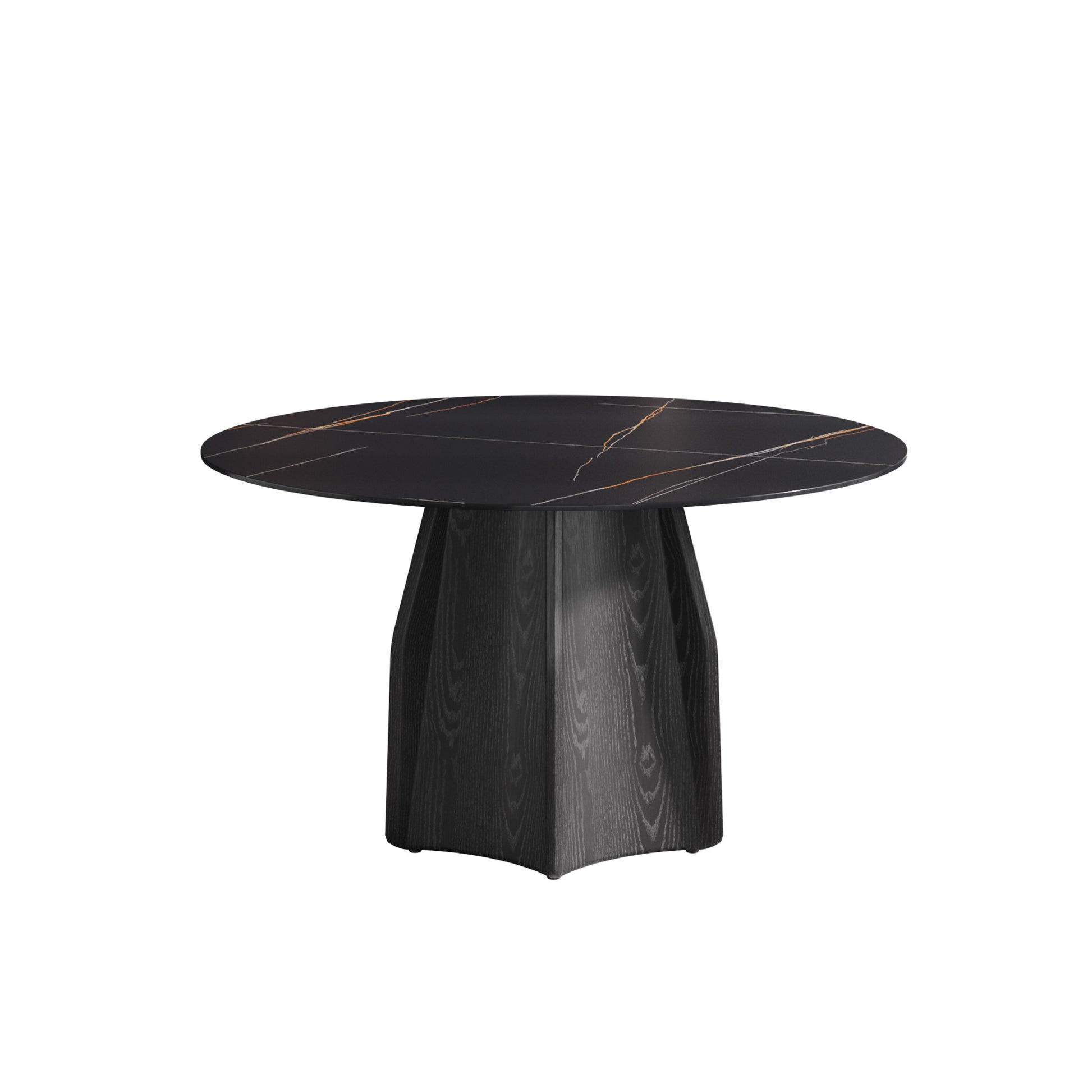Round black marble dining table with gold veining