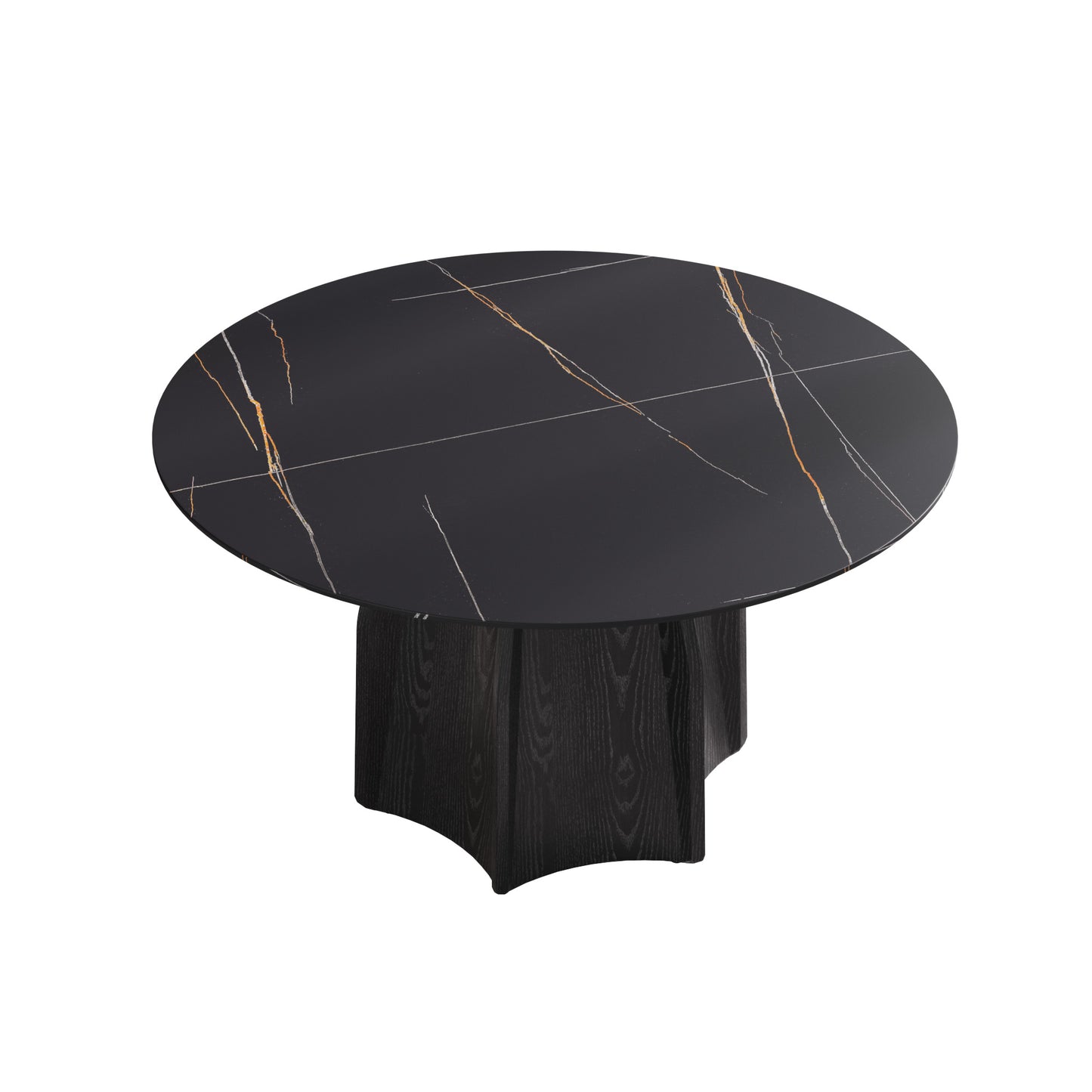 Dark modern round dining table with black marble top and gold veining