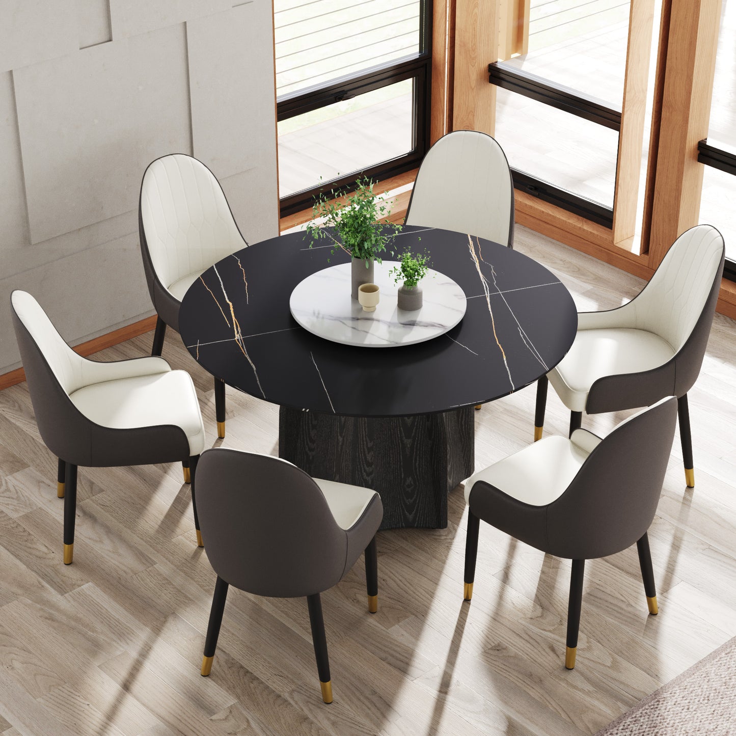 Black marble dining table set with upholstered chairs