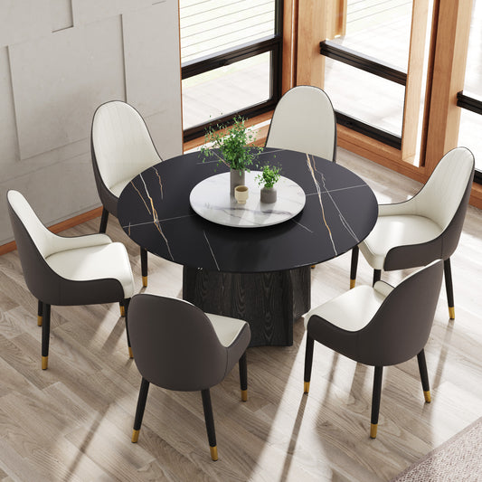Black marble dining table set with upholstered chairs