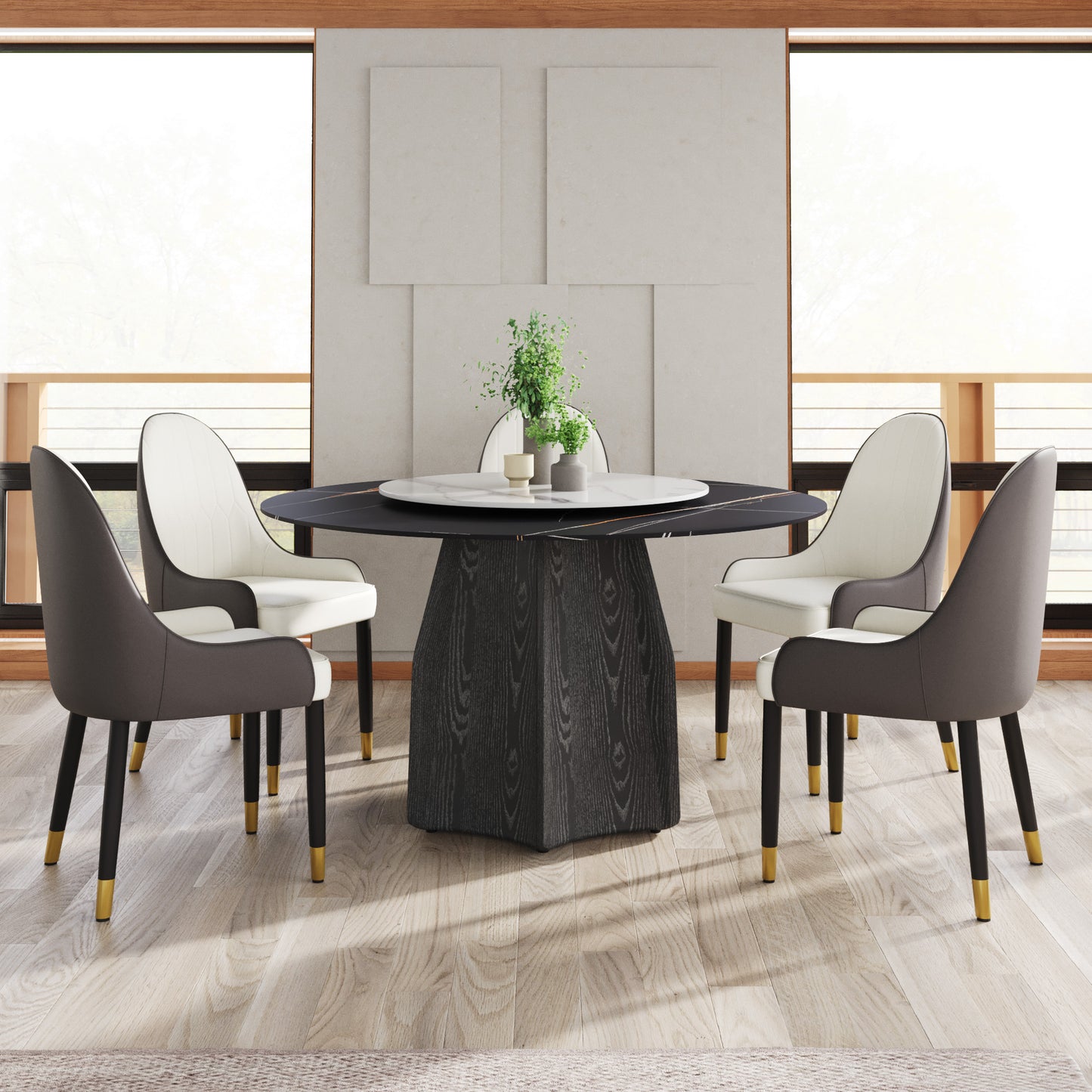 Modern dining chair with white and dark gray upholstery and gold accents