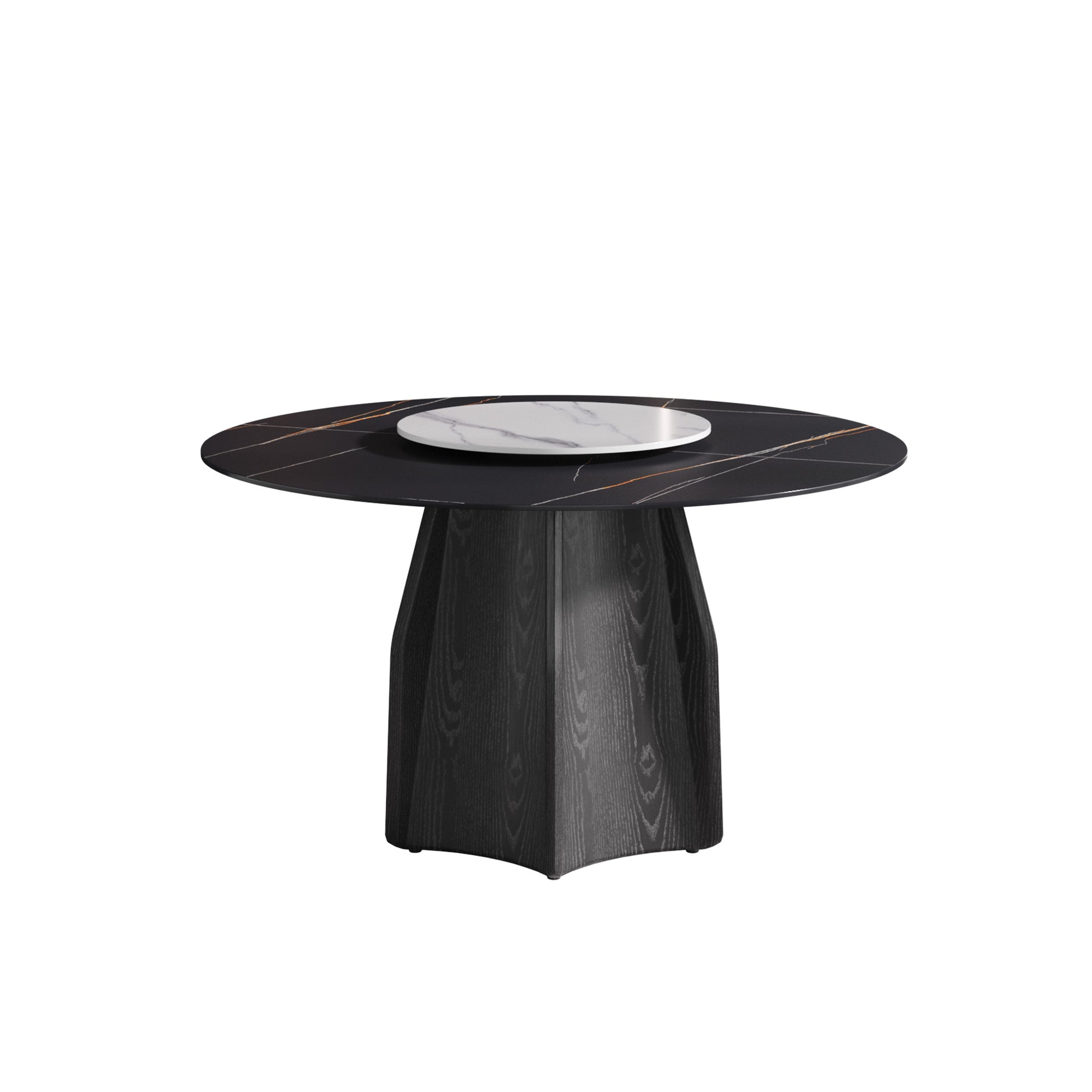 Round black marble dining table with gold veining and a white marble lazy susan