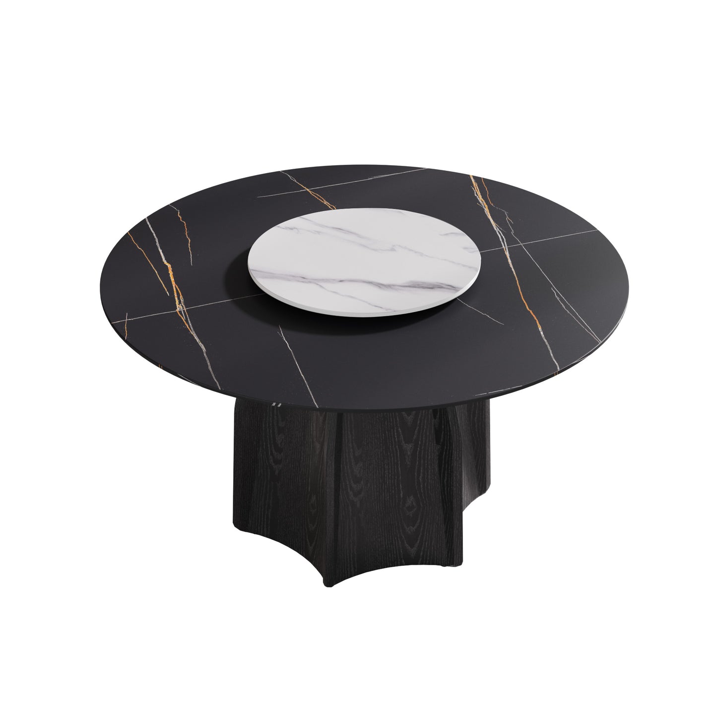 Black marble dining table with gold veining and wooden base