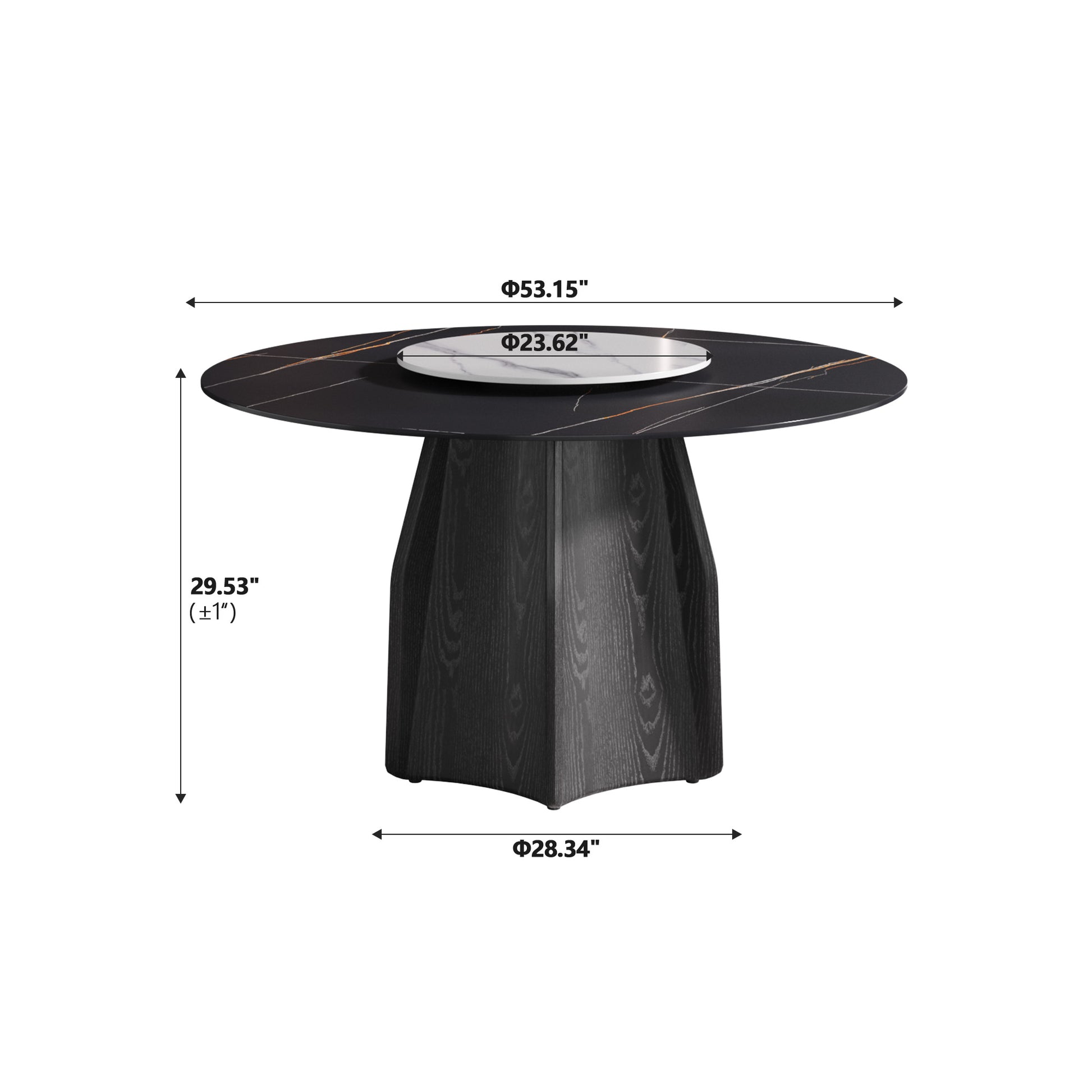 Round marble top dining table with black wood base and gold veining