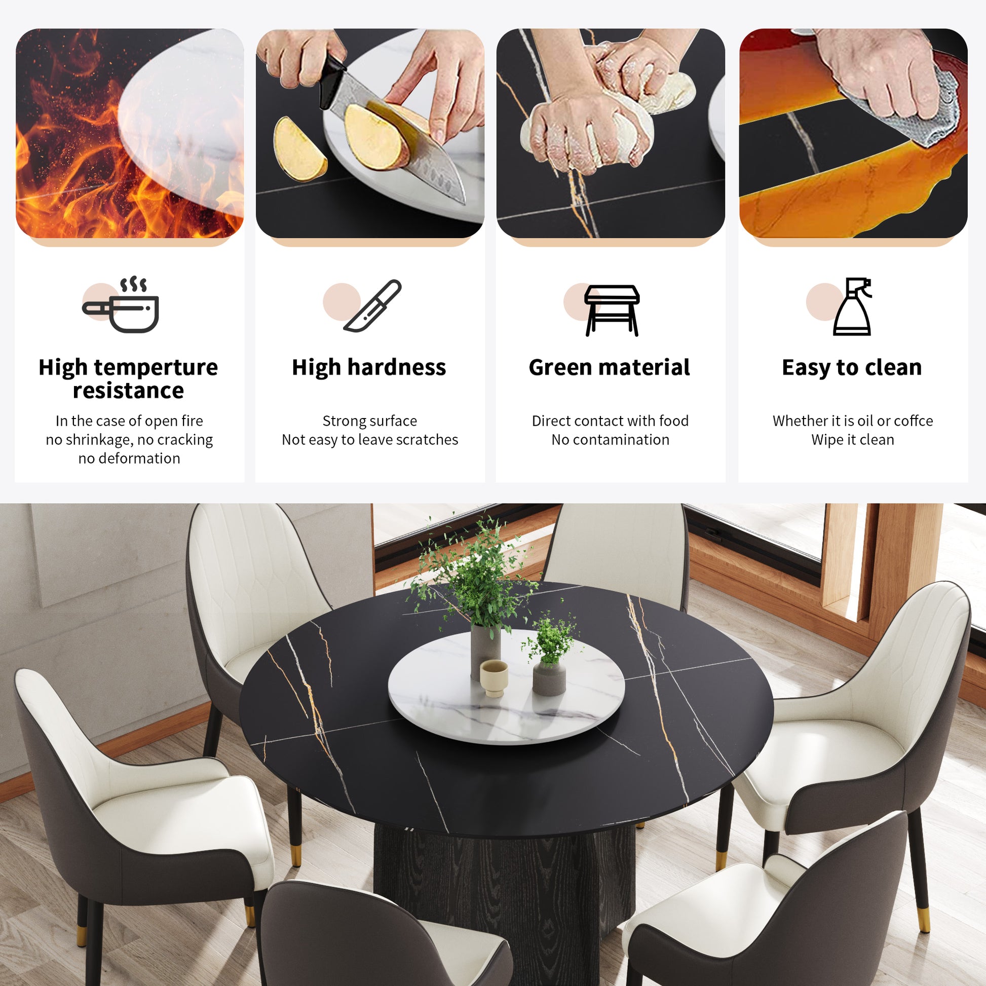 Black marble dining table with gold veining and a white Lazy Susan