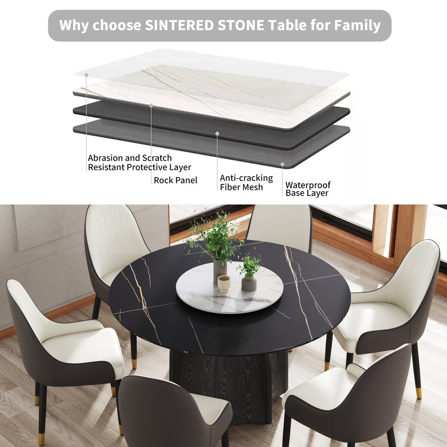 Black sintered stone dining table with white and dark gray chairs