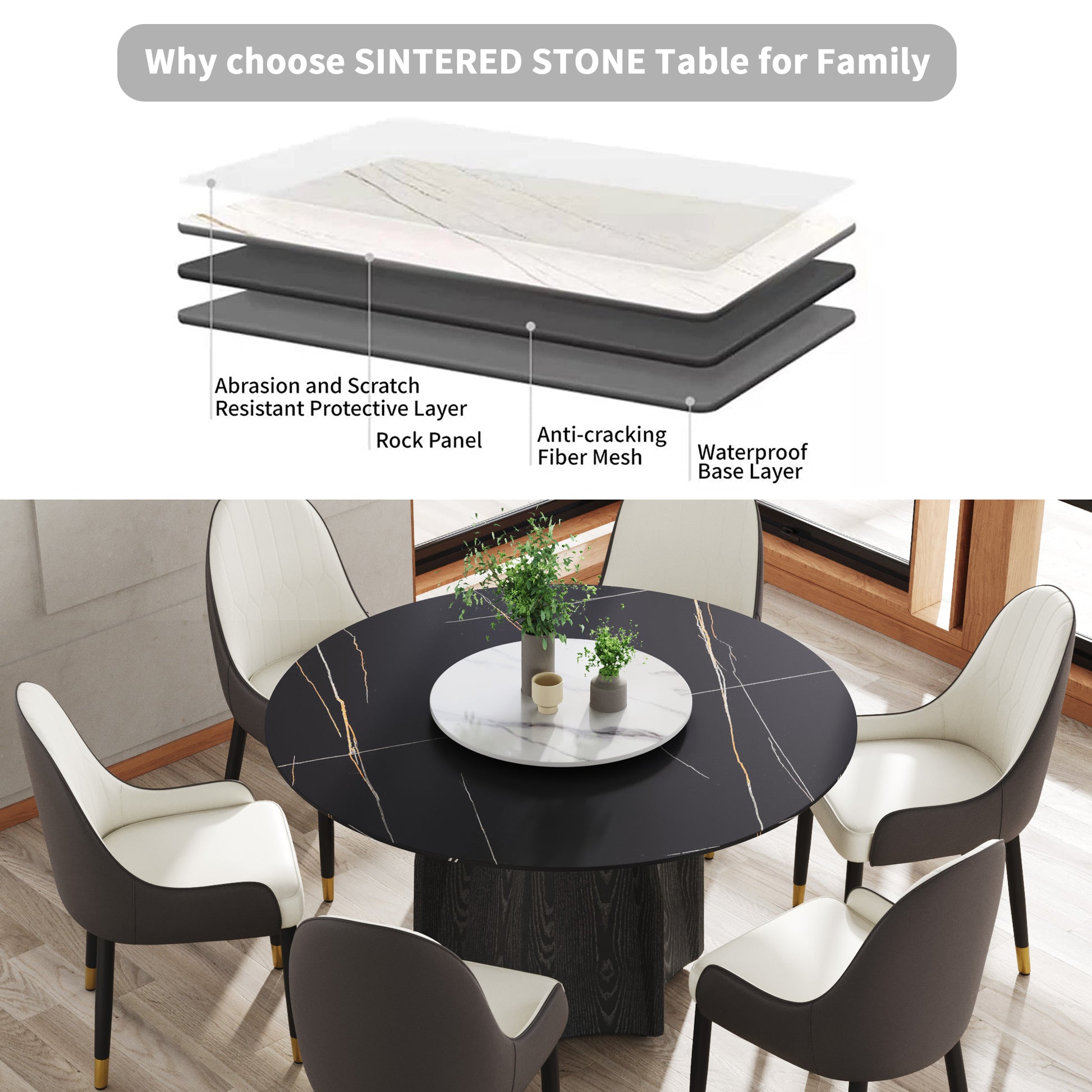 Black sintered stone dining table with white and dark gray chairs