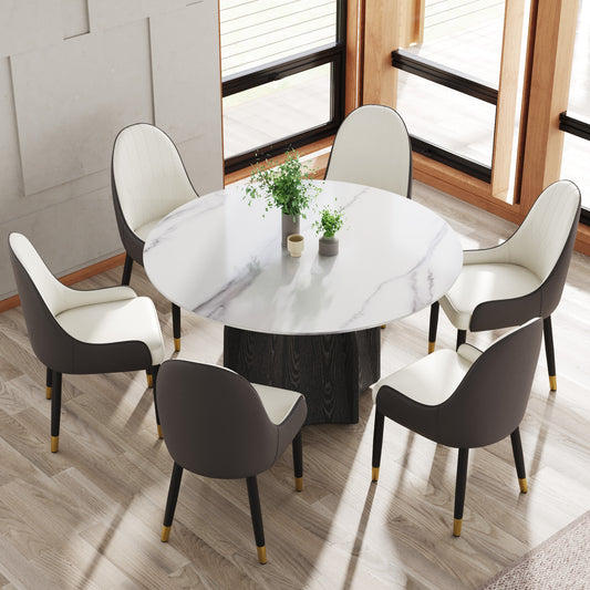 Modern marble dining table set with upholstered chairs