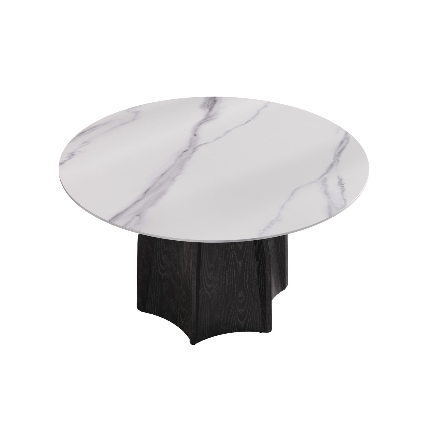 Round faux marble dining table with dark wood pedestal base