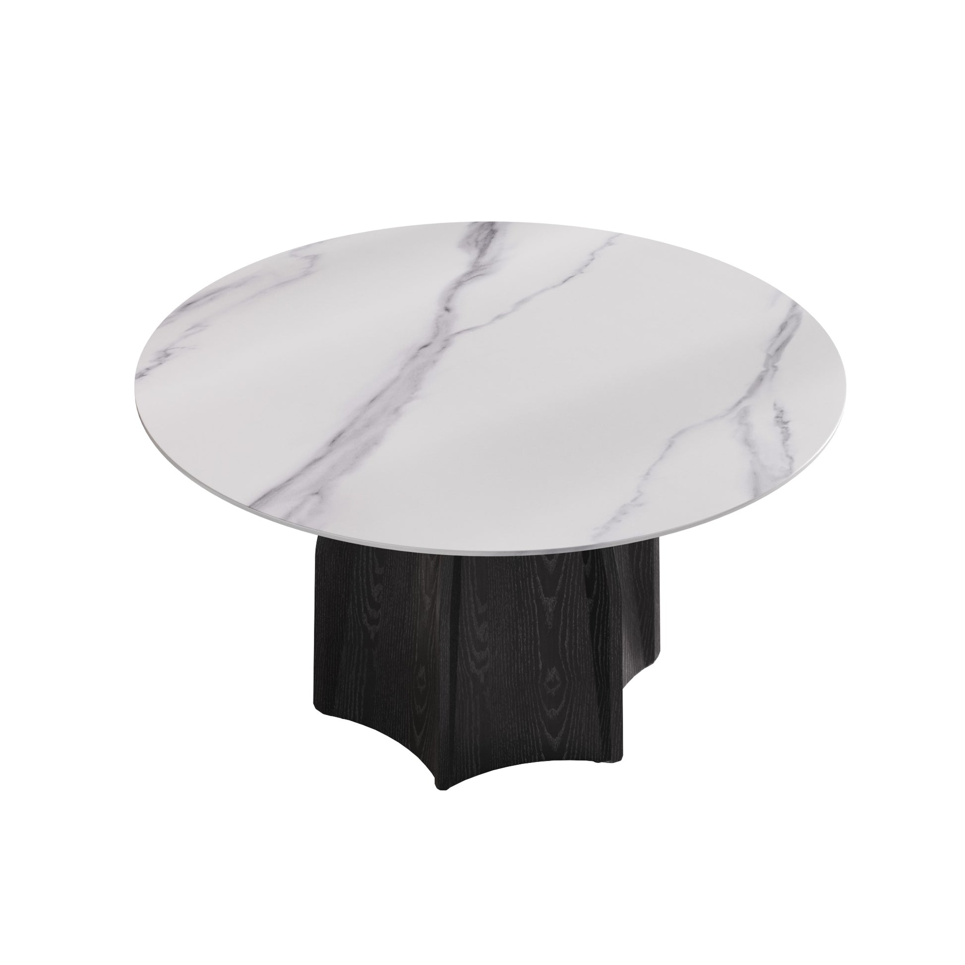 Round faux marble dining table with dark wood pedestal base