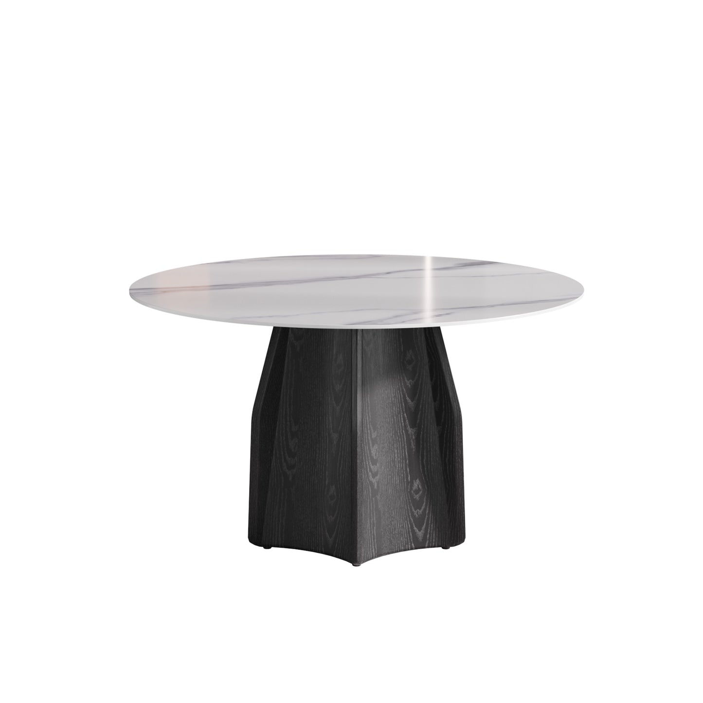 Round marble top dining table with faceted black wood base