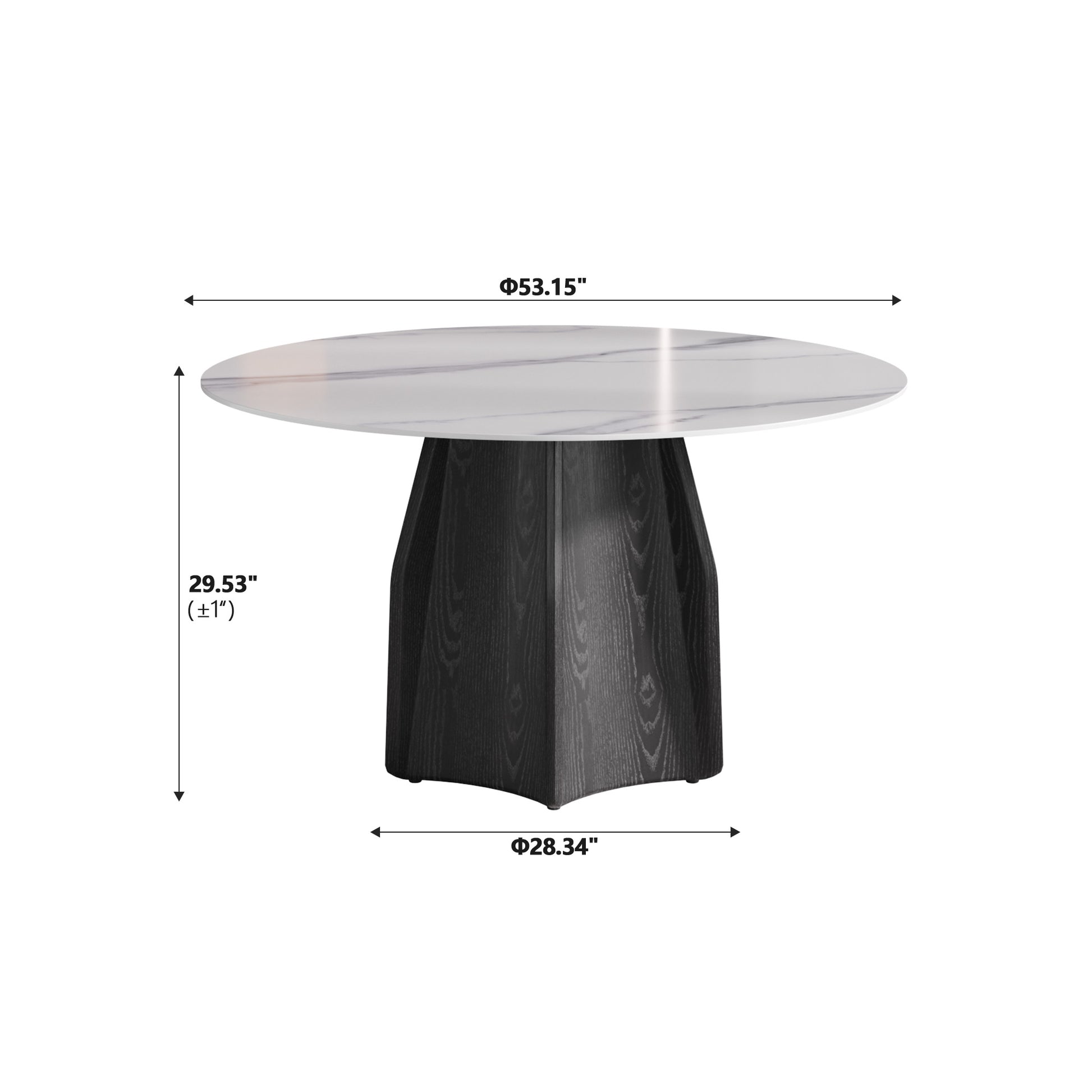 Oval marble top dining table with dark wood pedestal base