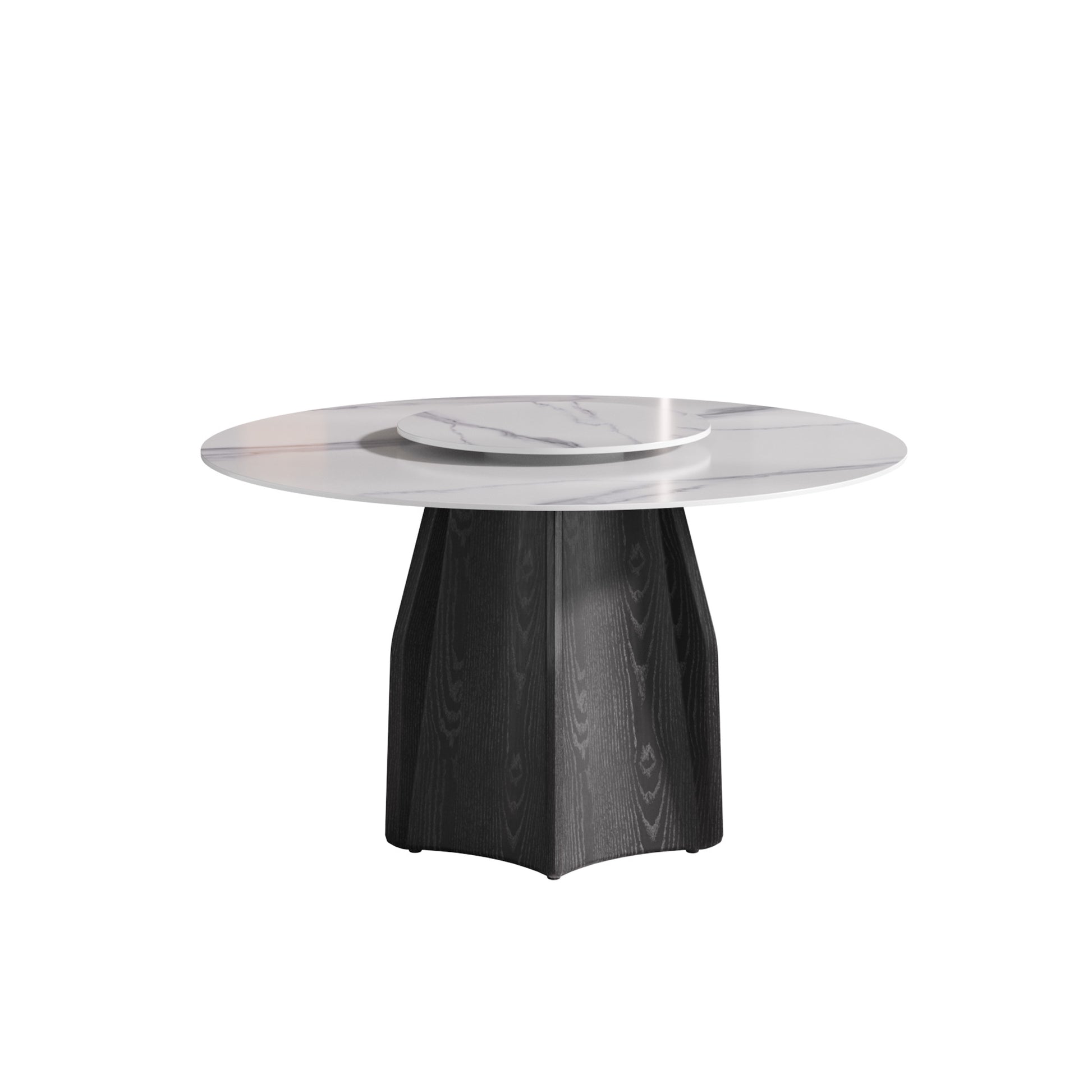 Round marble top dining table with black wood pedestal base