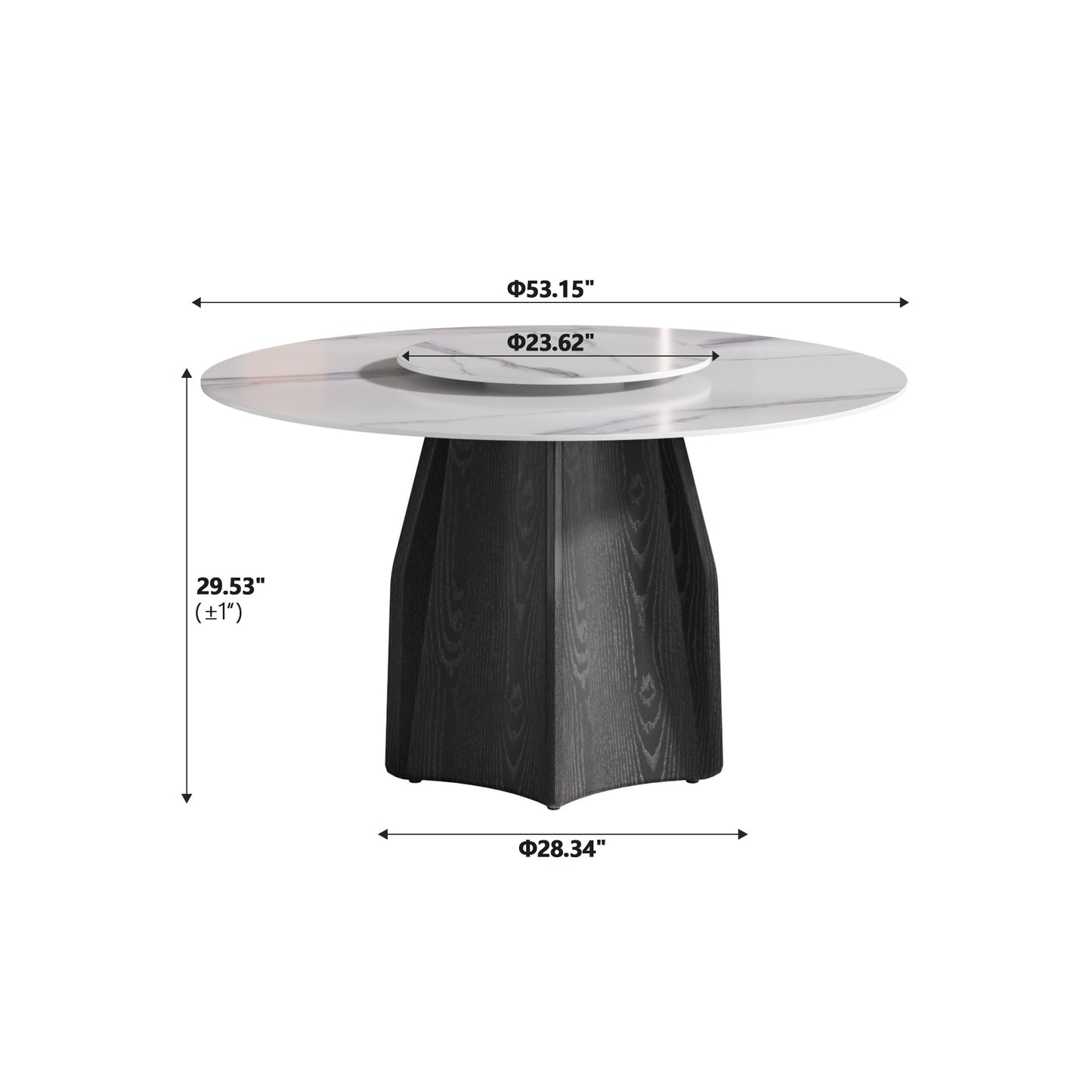 Modern round dining table with white marble top and dark wood base
