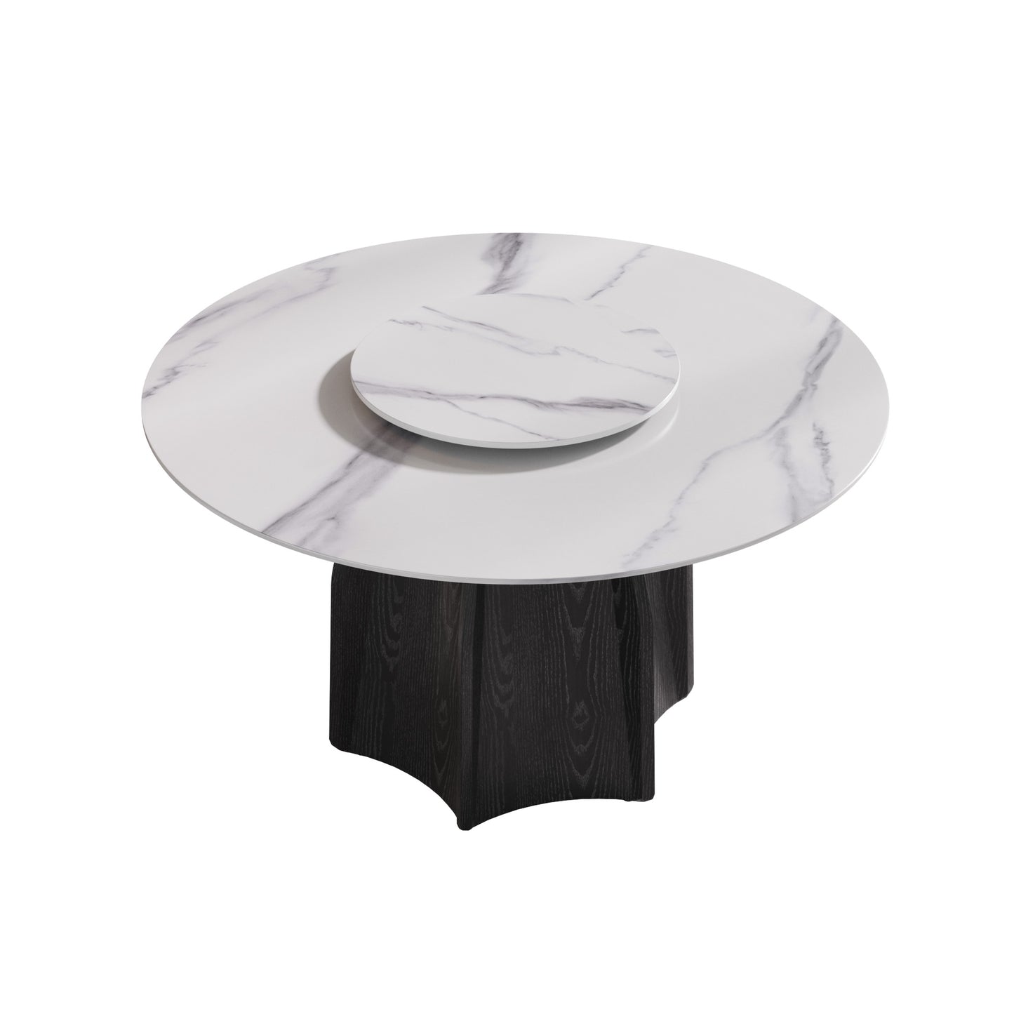 Modern round marble coffee table with dark wood pedestal base