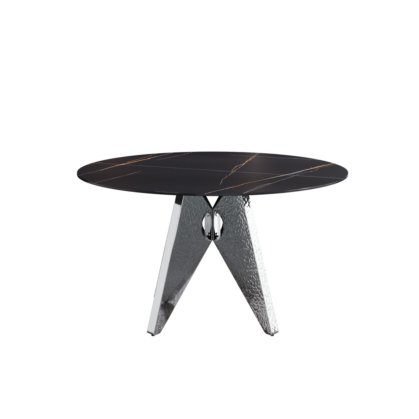 Round black marble coffee table with gold veining and a textured silver base