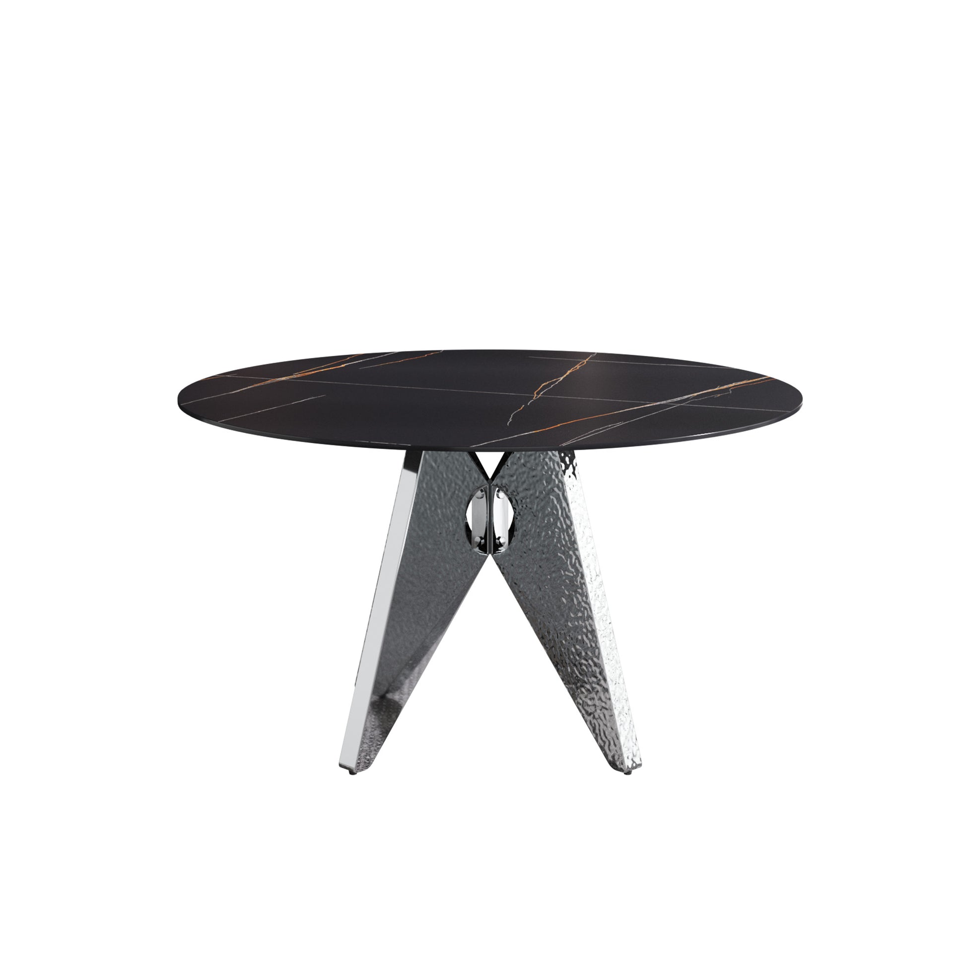 Round black marble coffee table with gold veining and a textured silver base