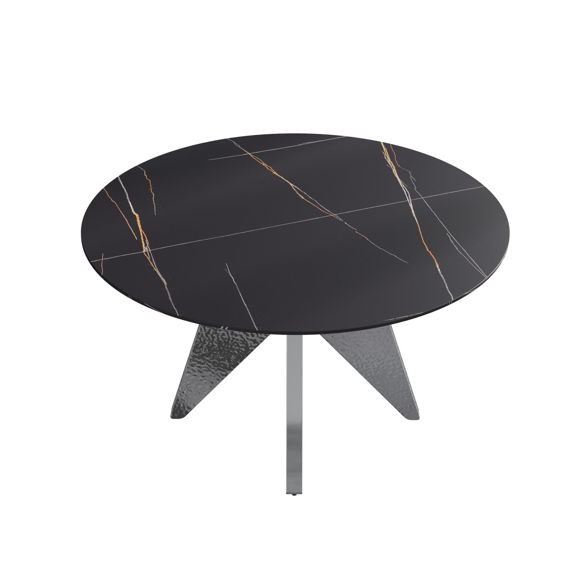 Black oval coffee table with marbled ceramic top and chrome pedestal base