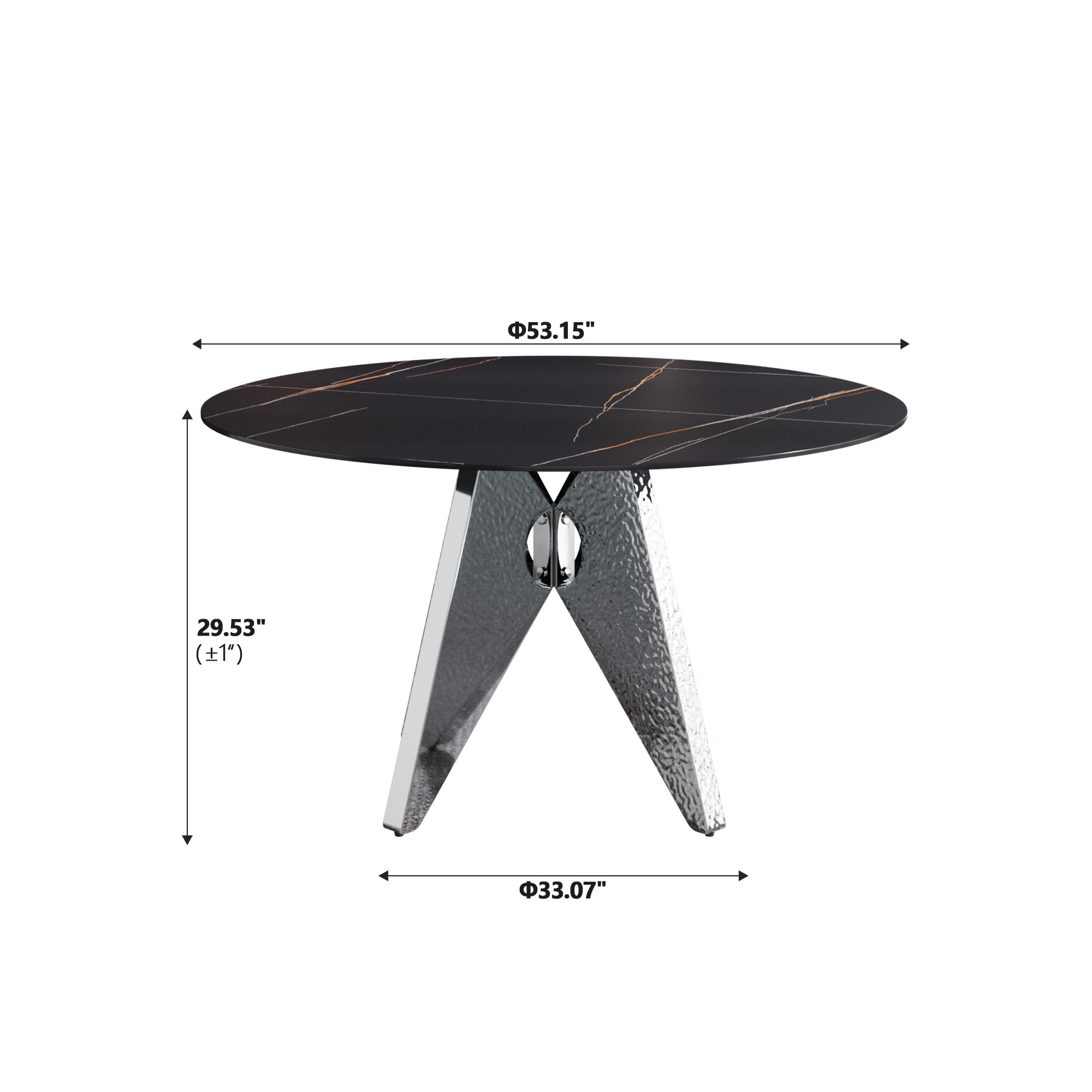 Black oval marble coffee table with gold veining and a sculptural chrome base