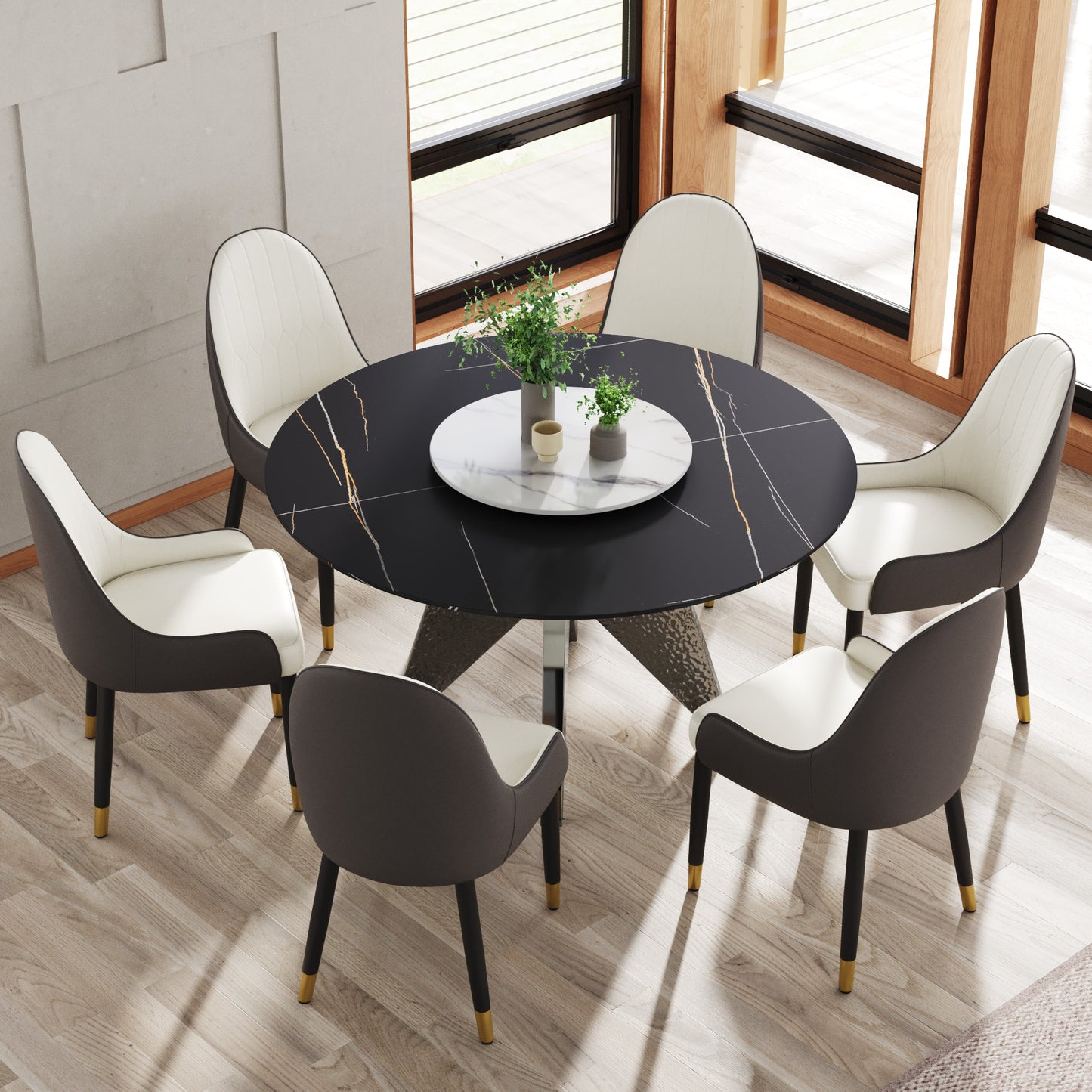 Black marble round dining table with six upholstered chairs