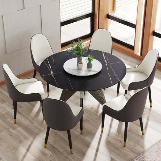 Black marble round dining table with six upholstered chairs