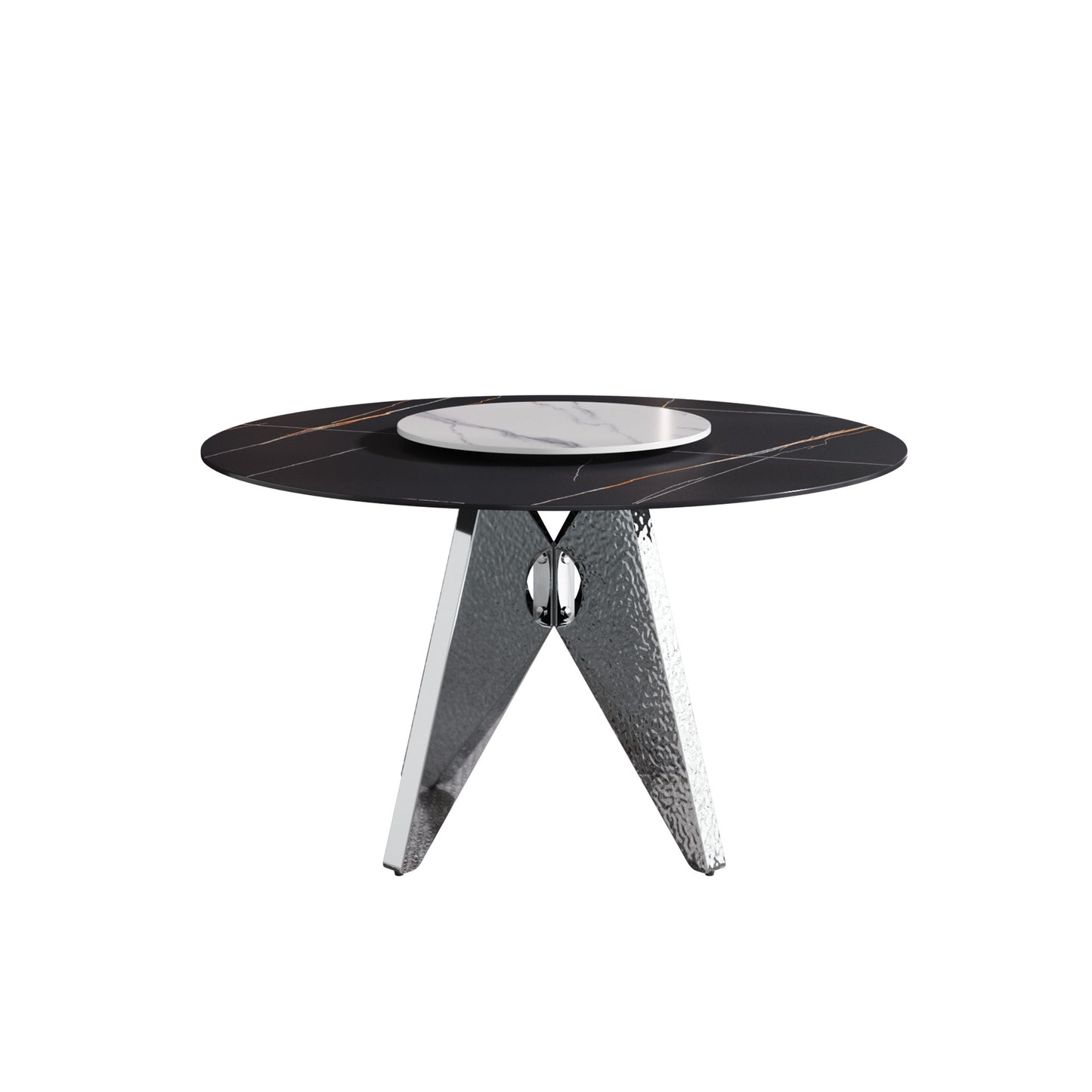 Round black marble dining table with gold veining and chrome base