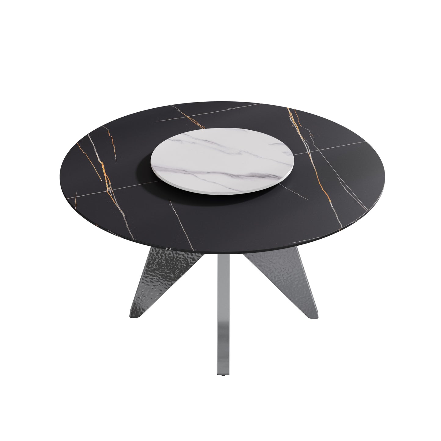 Round marble coffee table with black base and gold veins