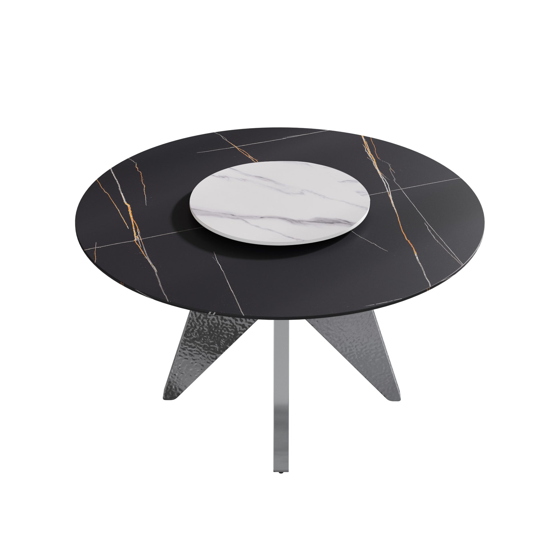 Round marble coffee table with black base and gold veins