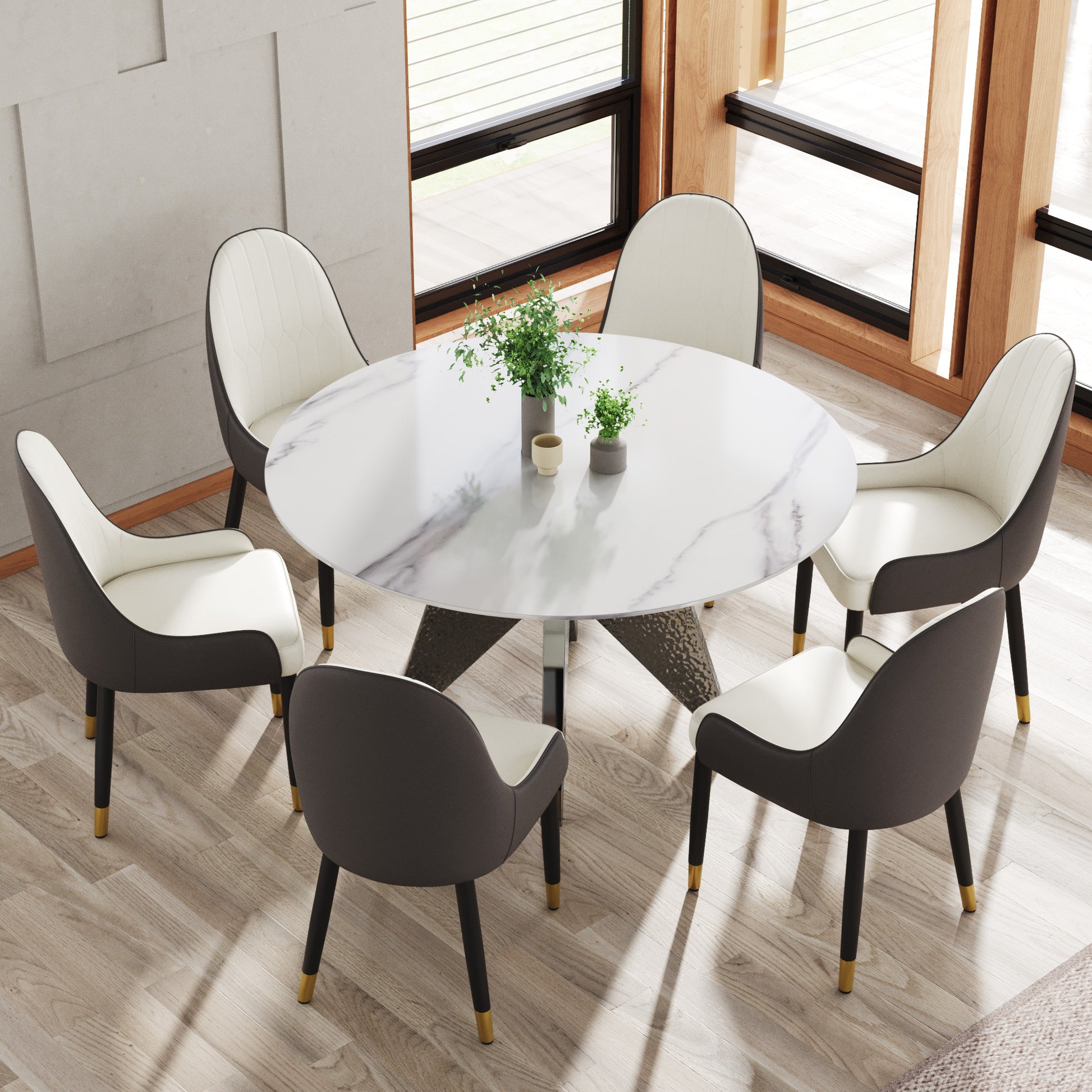 Modern white marble dining table with upholstered chairs