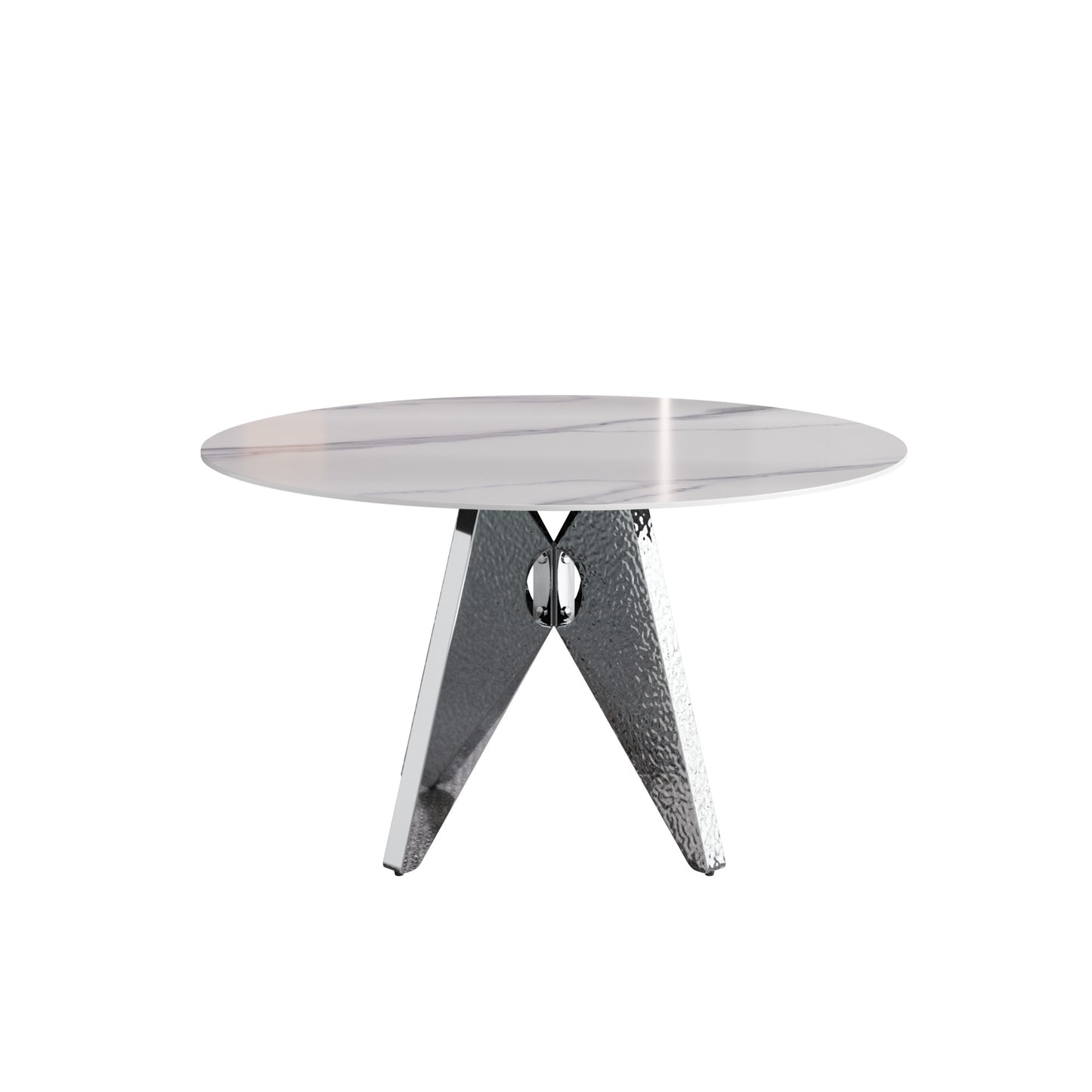 Marble top round coffee table with textured silver metal base