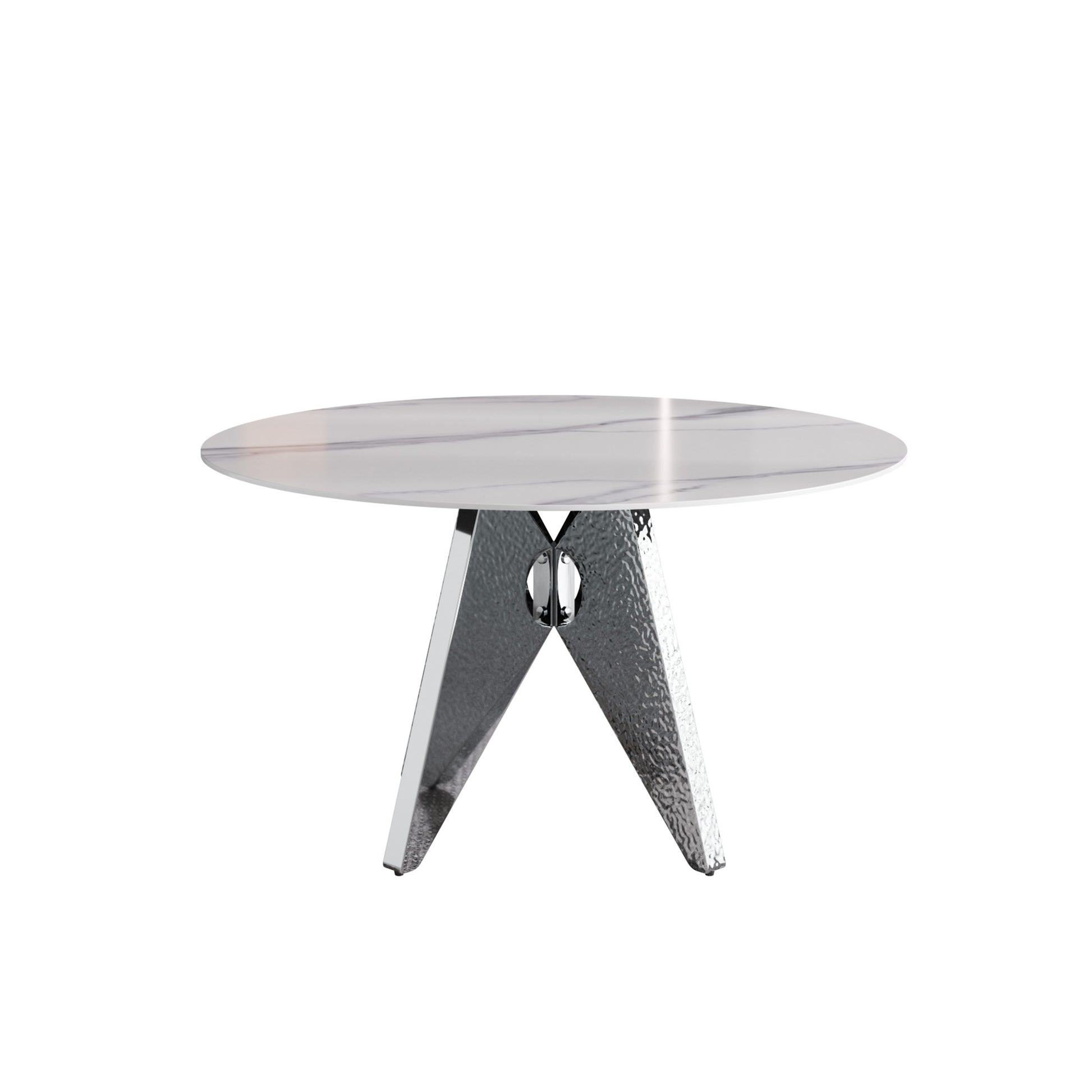 Marble top round coffee table with textured silver metal base