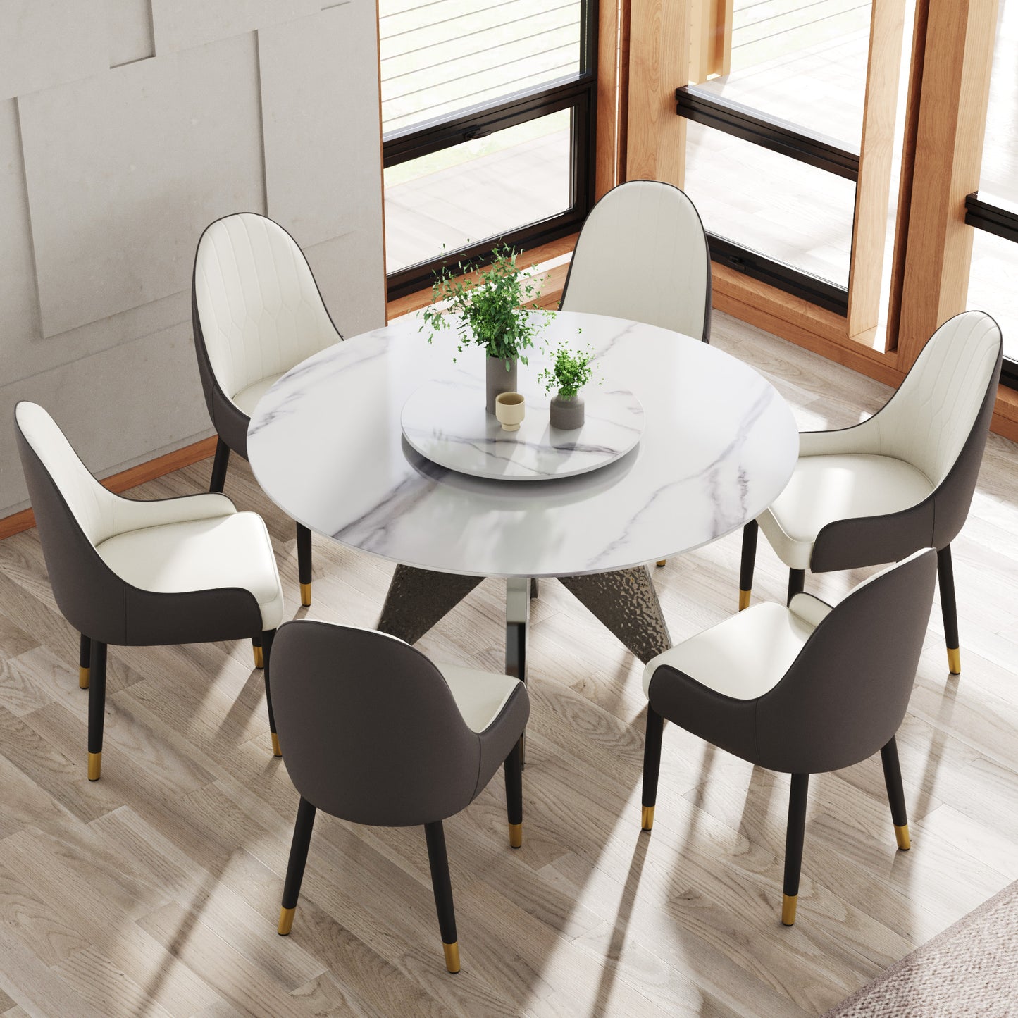 Round marble dining table with six upholstered chairs