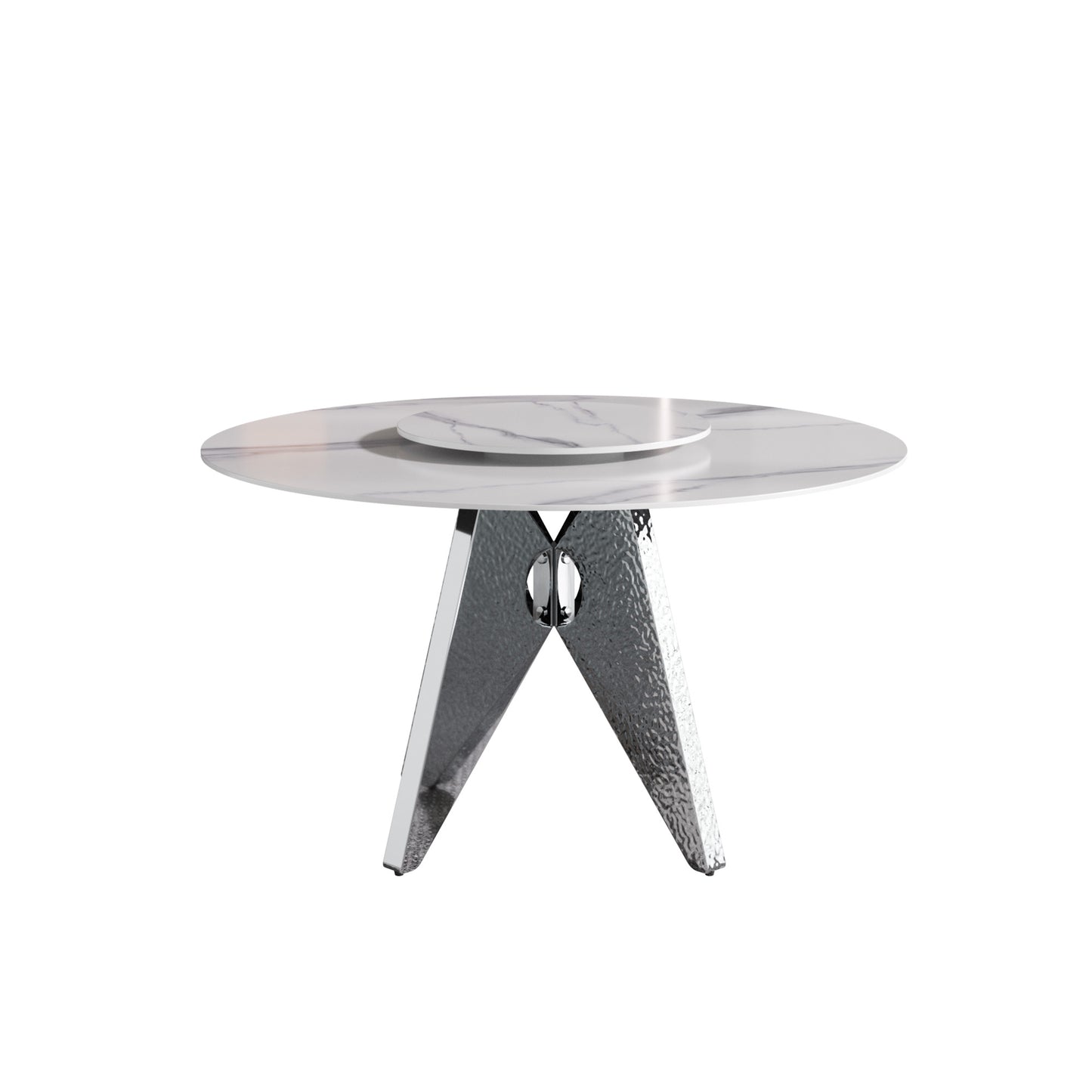 Modern marble dining table with chrome textured base perfect for contemporary spaces