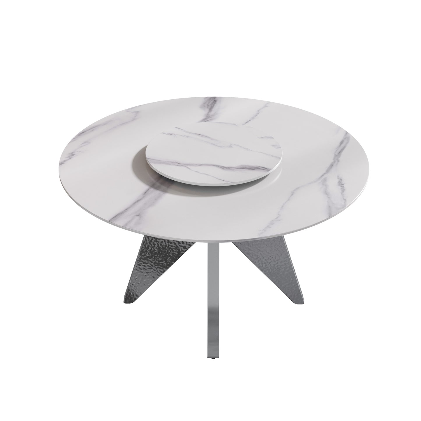 Round white marble top coffee table with textured metal base