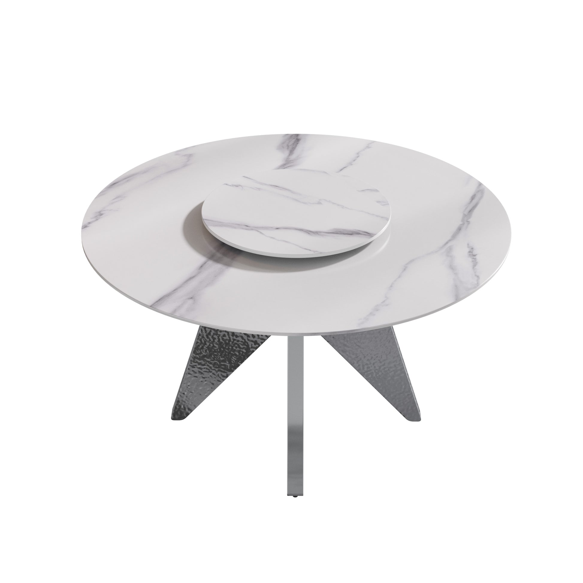 Round white marble top coffee table with textured metal base
