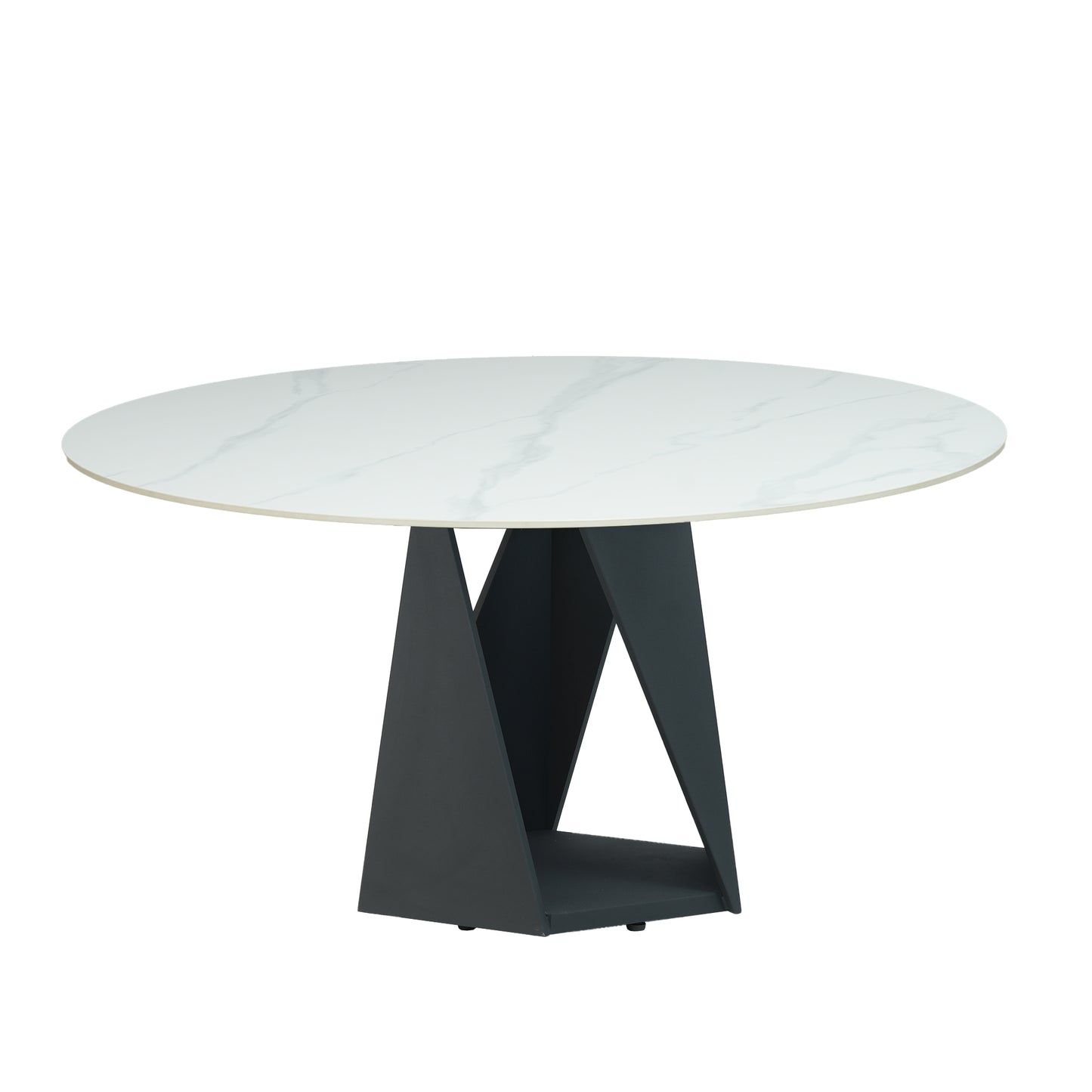 Modern oval dining table with white marble top and sculptural dark grey base
