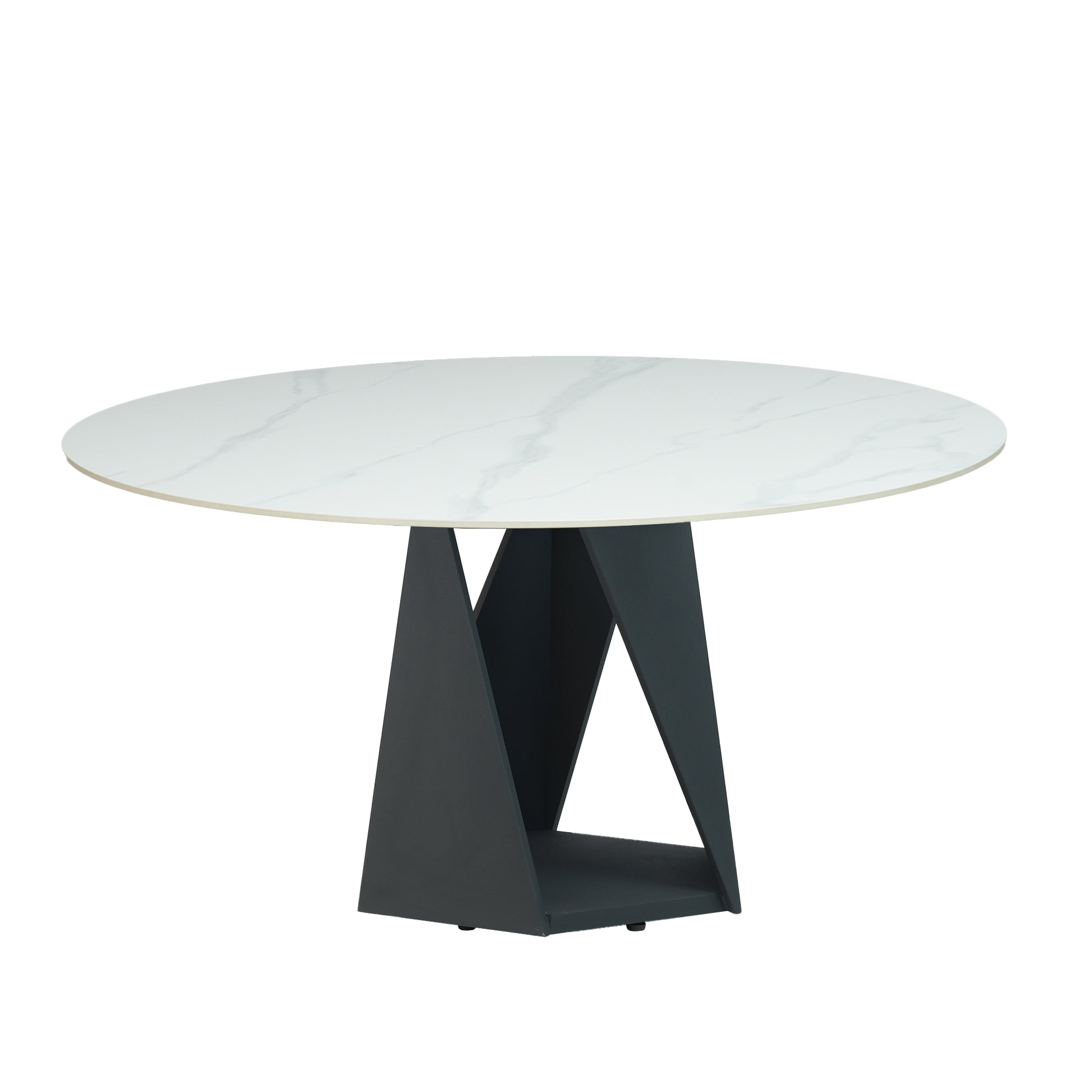 Modern oval dining table with white marble top and sculptural dark grey base