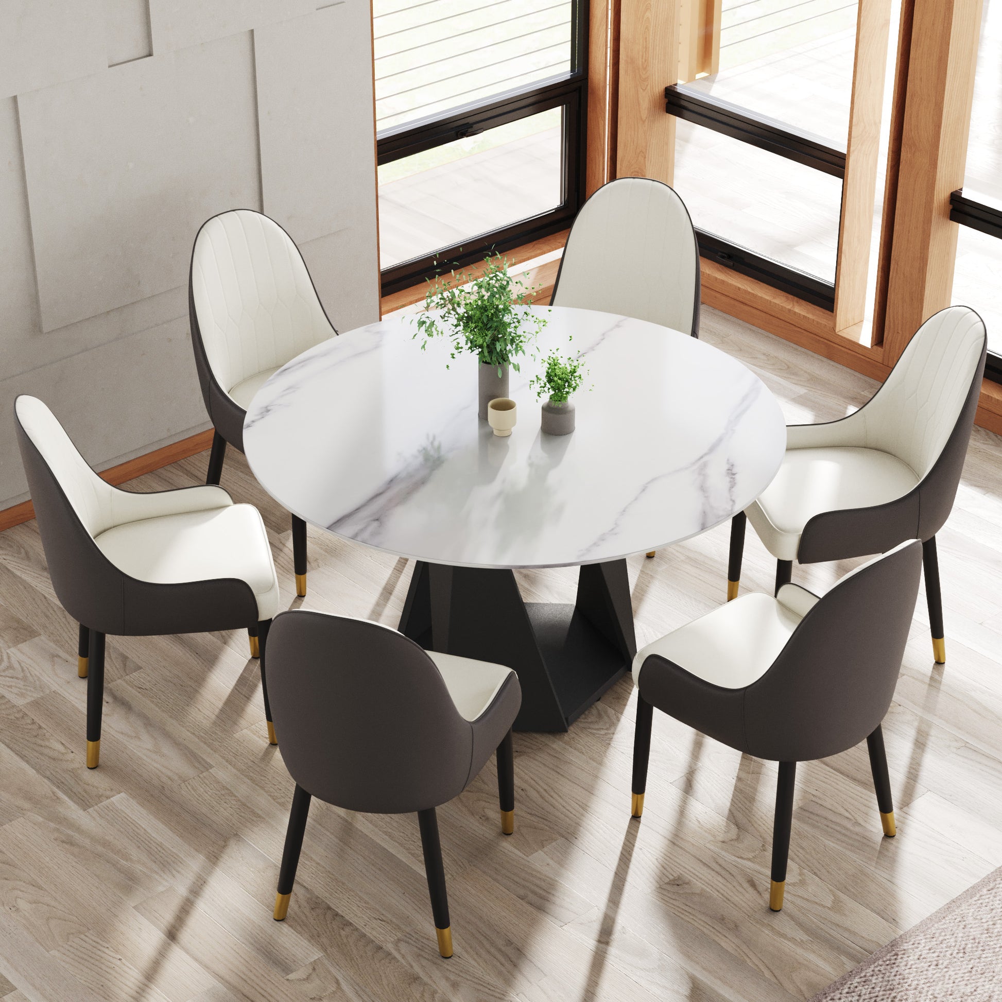 Modern white marble dining table set with upholstered chairs