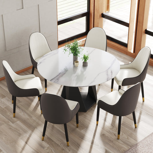 Modern white marble dining table set with upholstered chairs