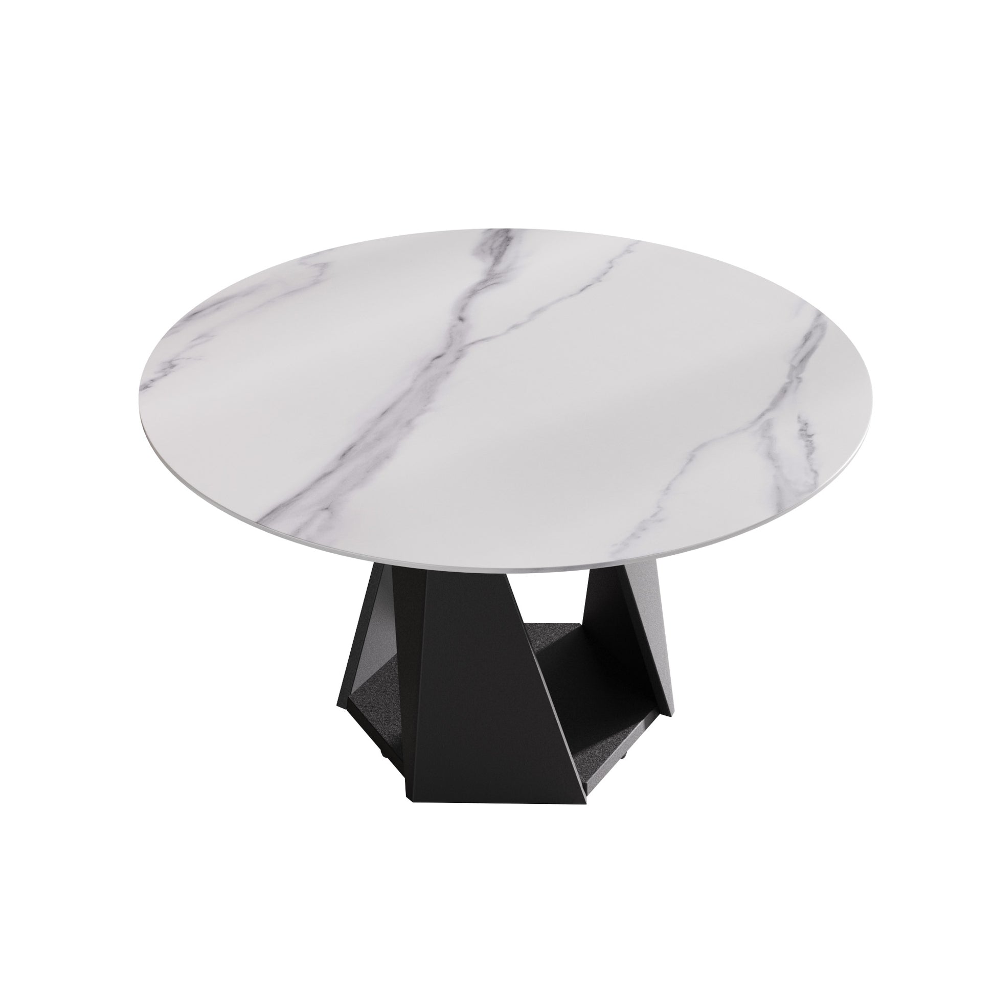 Round marble top dining table with geometric black metal base