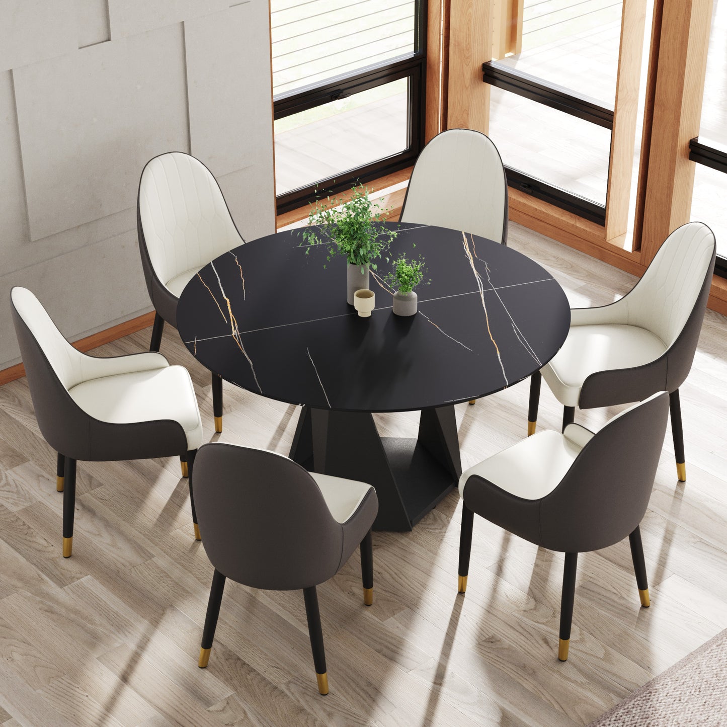 Round black marble dining table with gold veining and six upholstered chairs